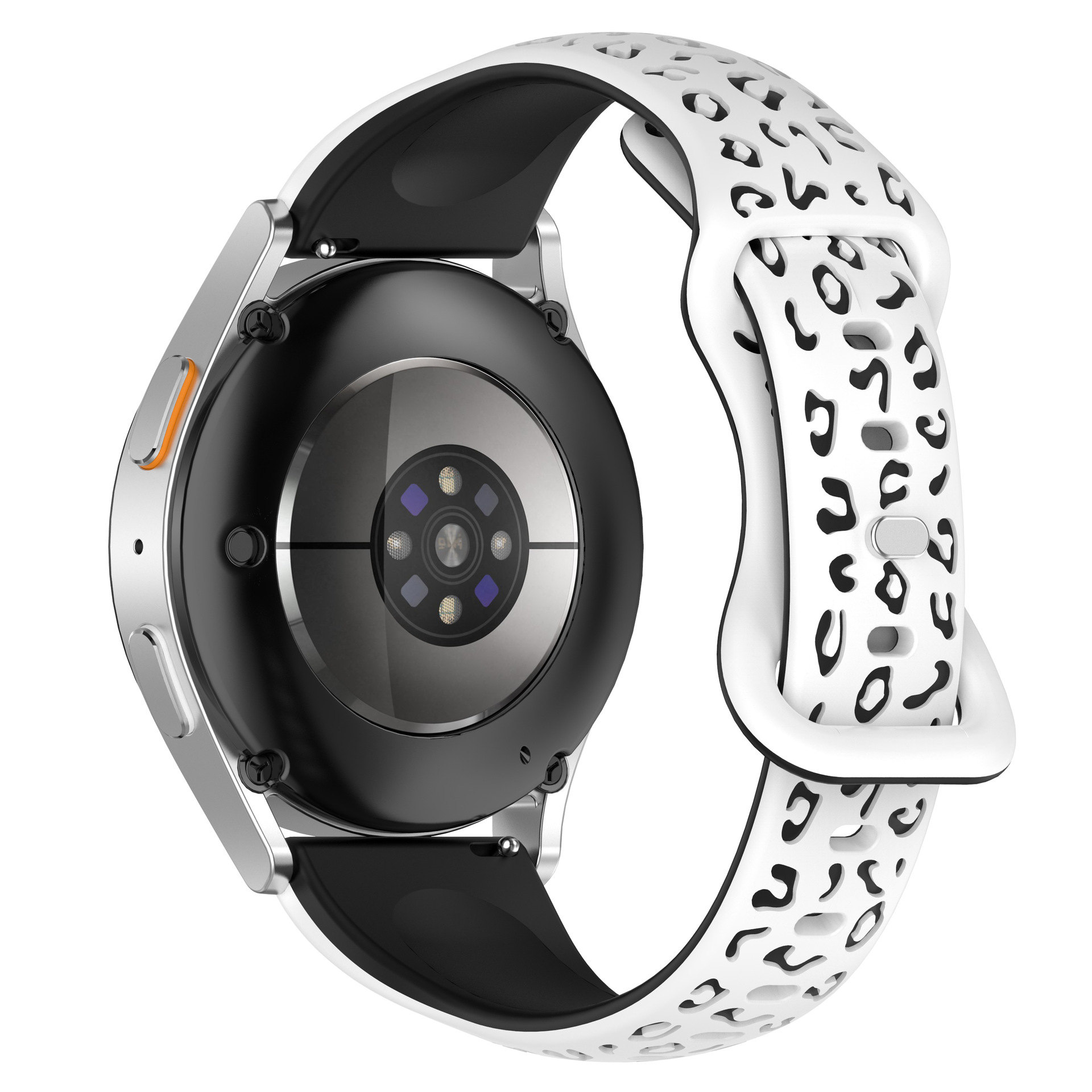 Cinturino con stampa leopardata su bianco e nero. L'orologio è argento e nero.