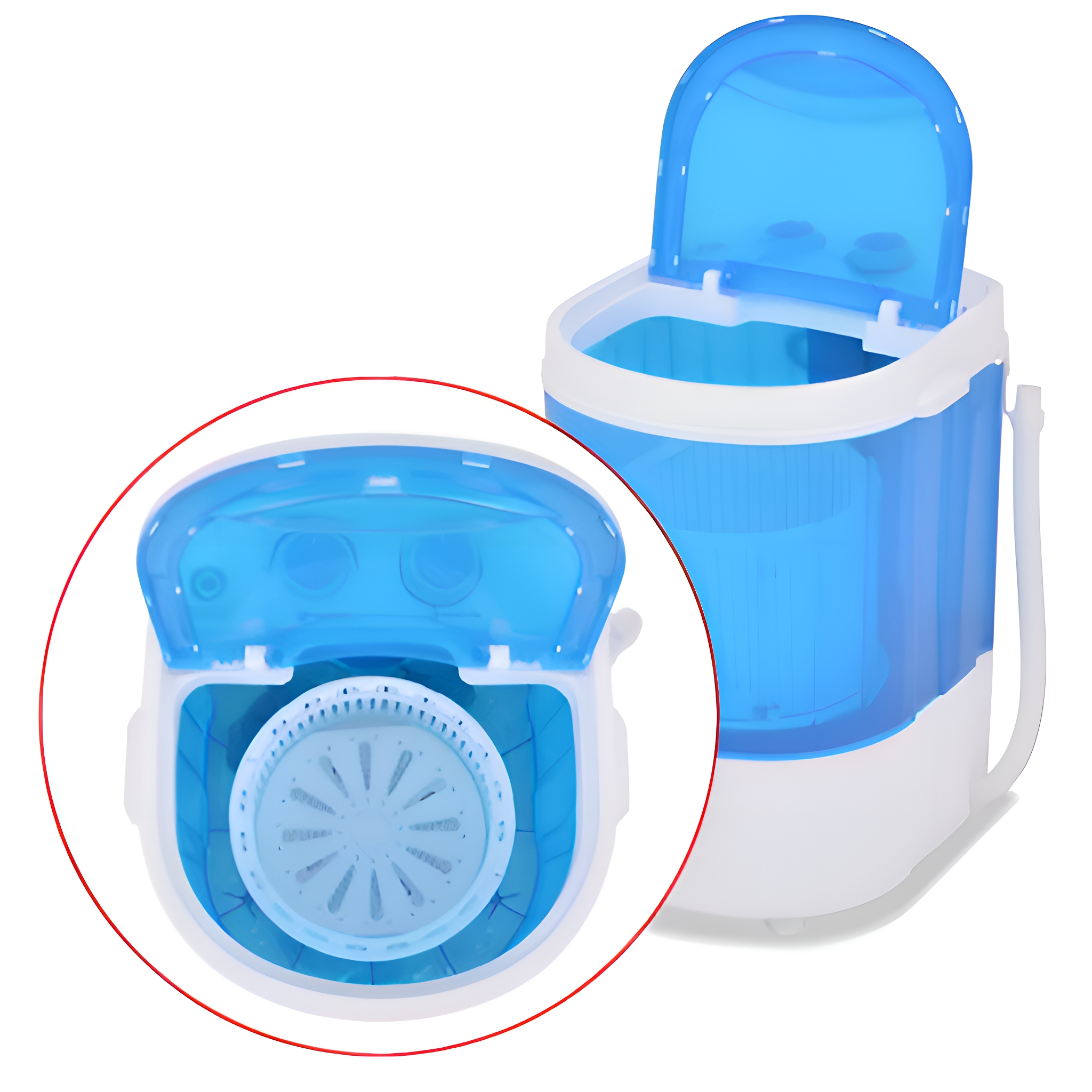 Tragbare Waschmaschine, blau und weiß. Eine Hälfte ist geöffnet und zeigt ein blaues, rotierendes Waschbecken.