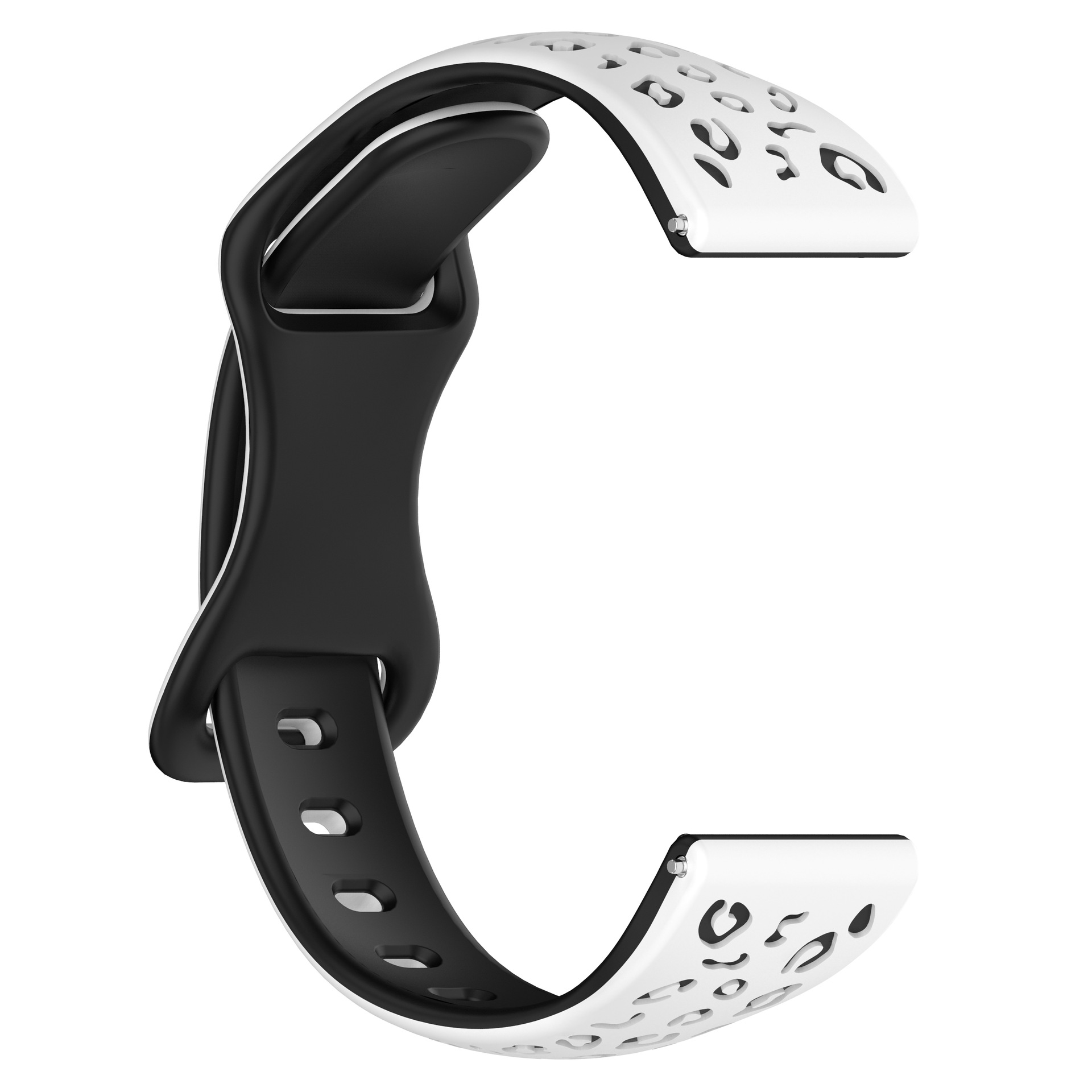 Cinturino per smartwatch in bianco e nero con un design a fantasia. Il cinturino è curvo e aperto, mostrando l'interno.