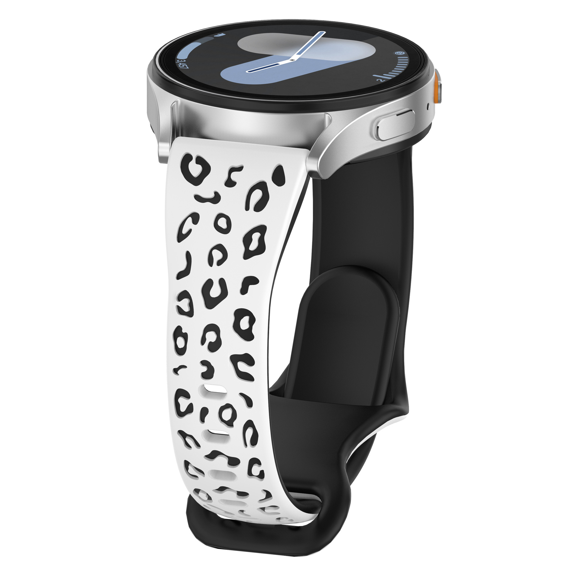 Uno smartwatch argento e nero con un cinturino fantasia bianco e nero.
