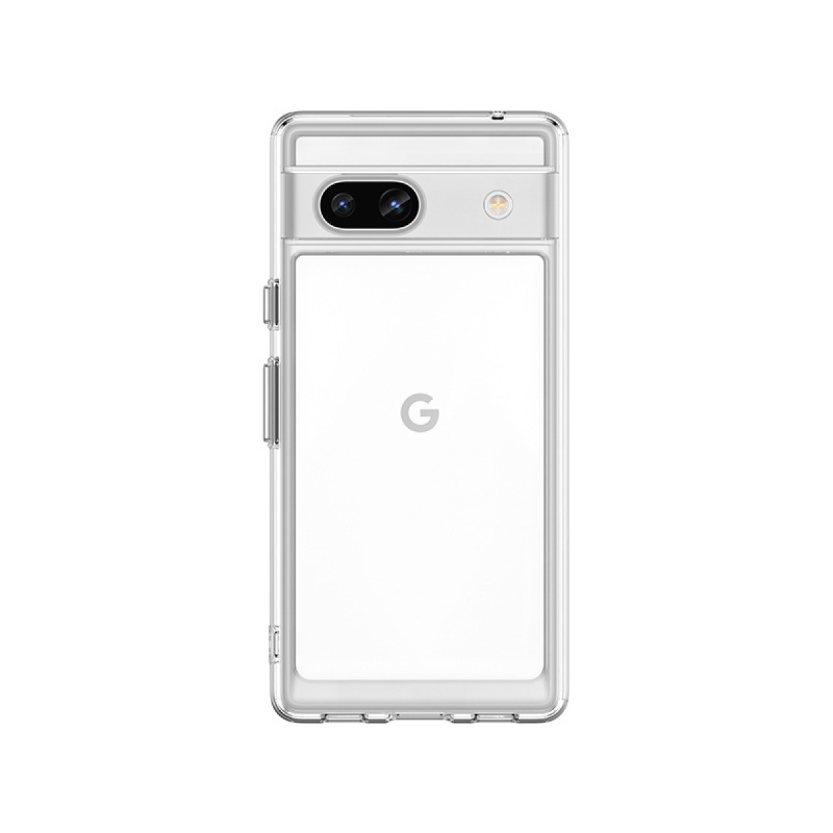 Custodia trasparente con telefono dentro. Il telefono è un Google Pixel 7a bianco.