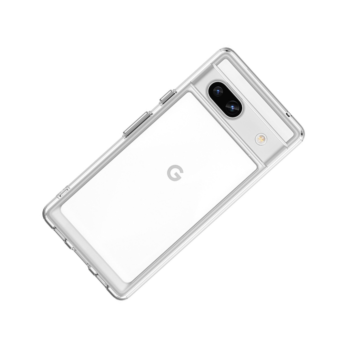 Custodia trasparente per telefono su una superficie bianca, vista angolata. Logo Google visibile.