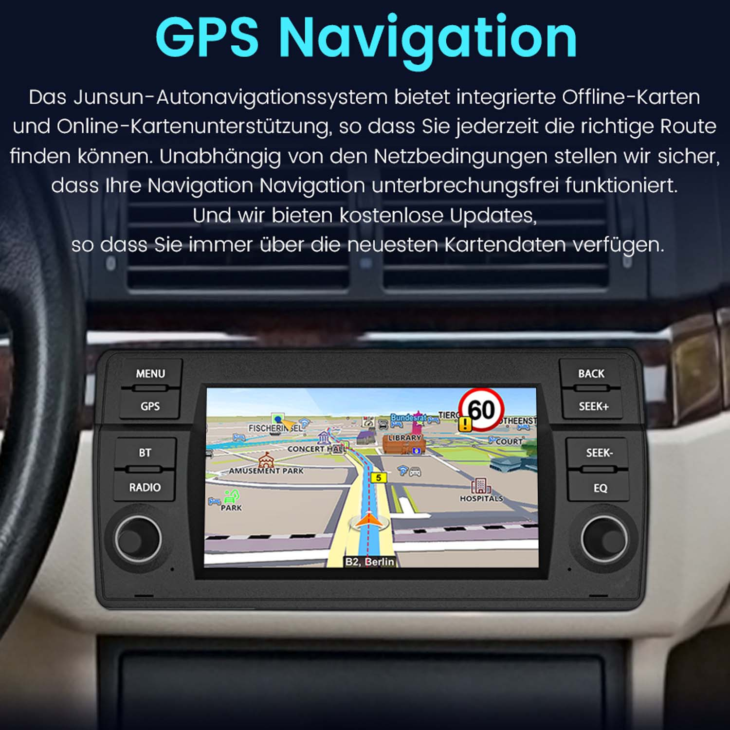 Armaturenbrett mit Navigationsbildschirm, Karte und Bedienelementen.