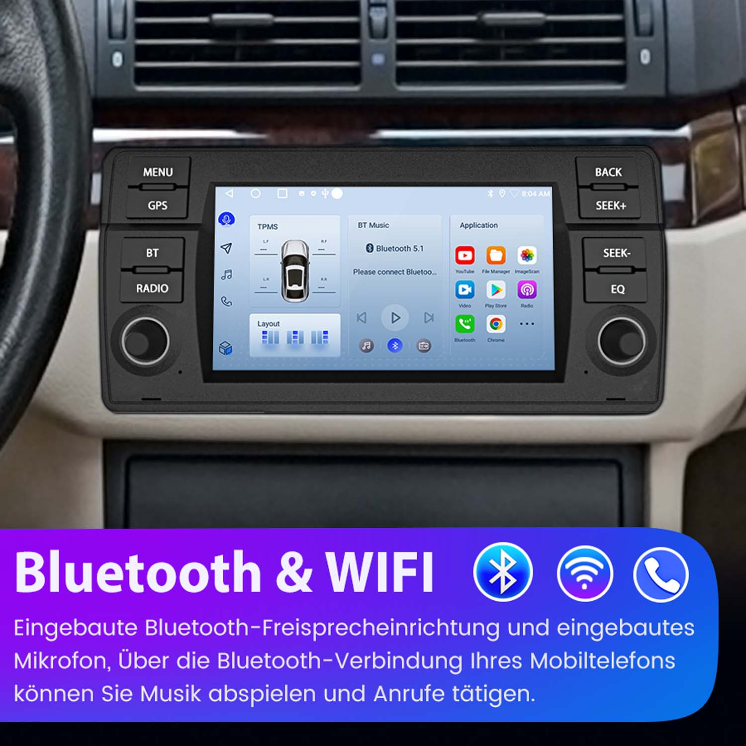 Autoradio mit Bildschirm, der Navigation und Bluetooth-Optionen anzeigt.