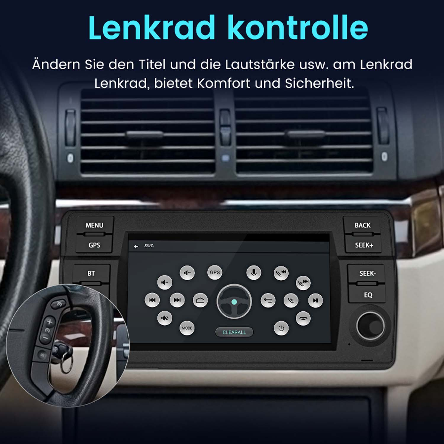 Armaturenbrett mit einem Bildschirm, der ein Menü anzeigt. Lenkrad links. Text auf Deutsch: Lenkrad Kontrolle.