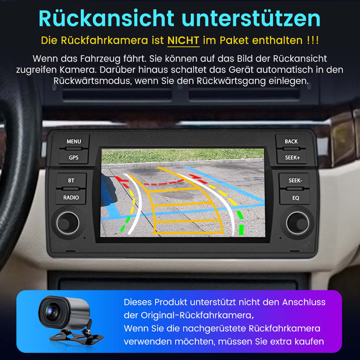 Autodisplay mit Rückfahrkamerabild. Text auf Deutsch.