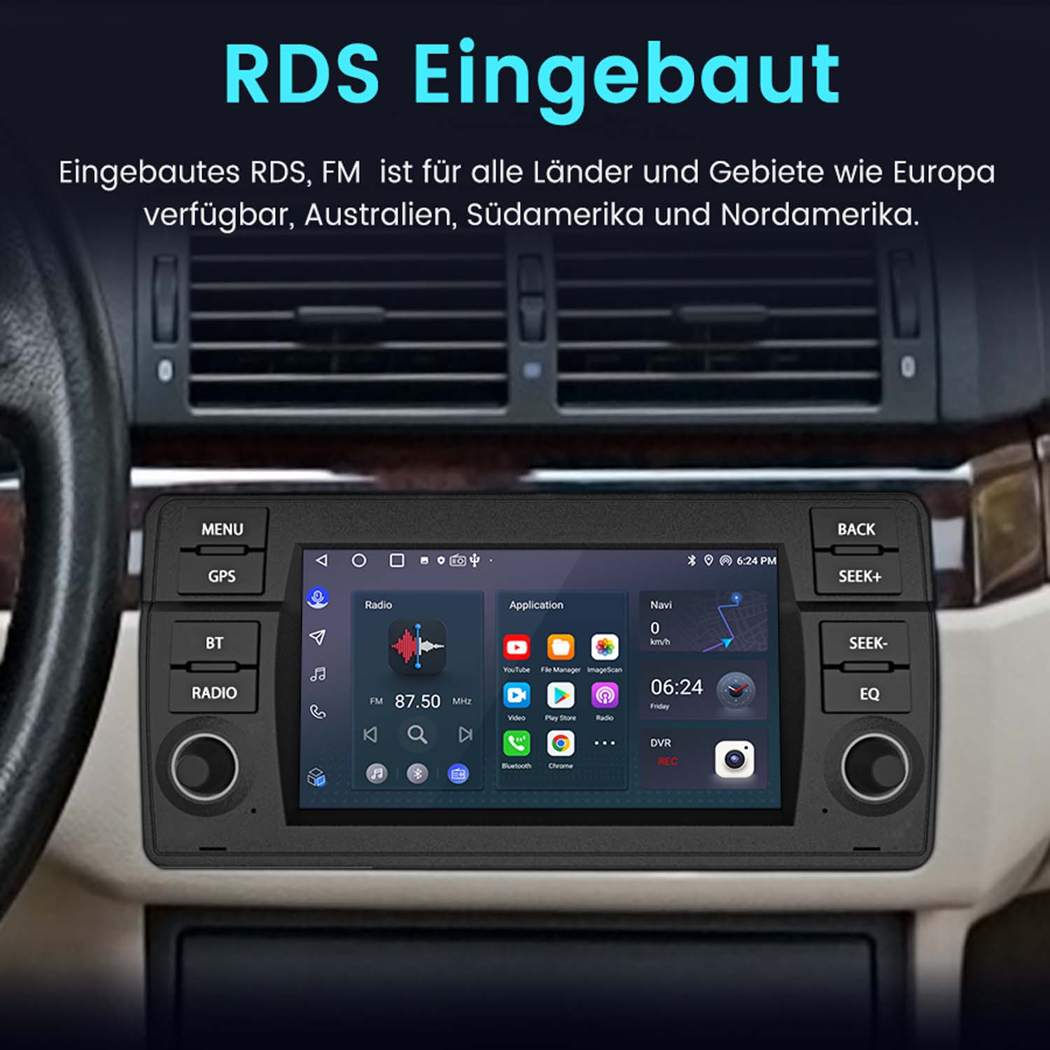 Autoradio-Bildschirm mit Text: RDS Eingebaut. Anzeige zeigt Radio, Navigation und Anwendungen.