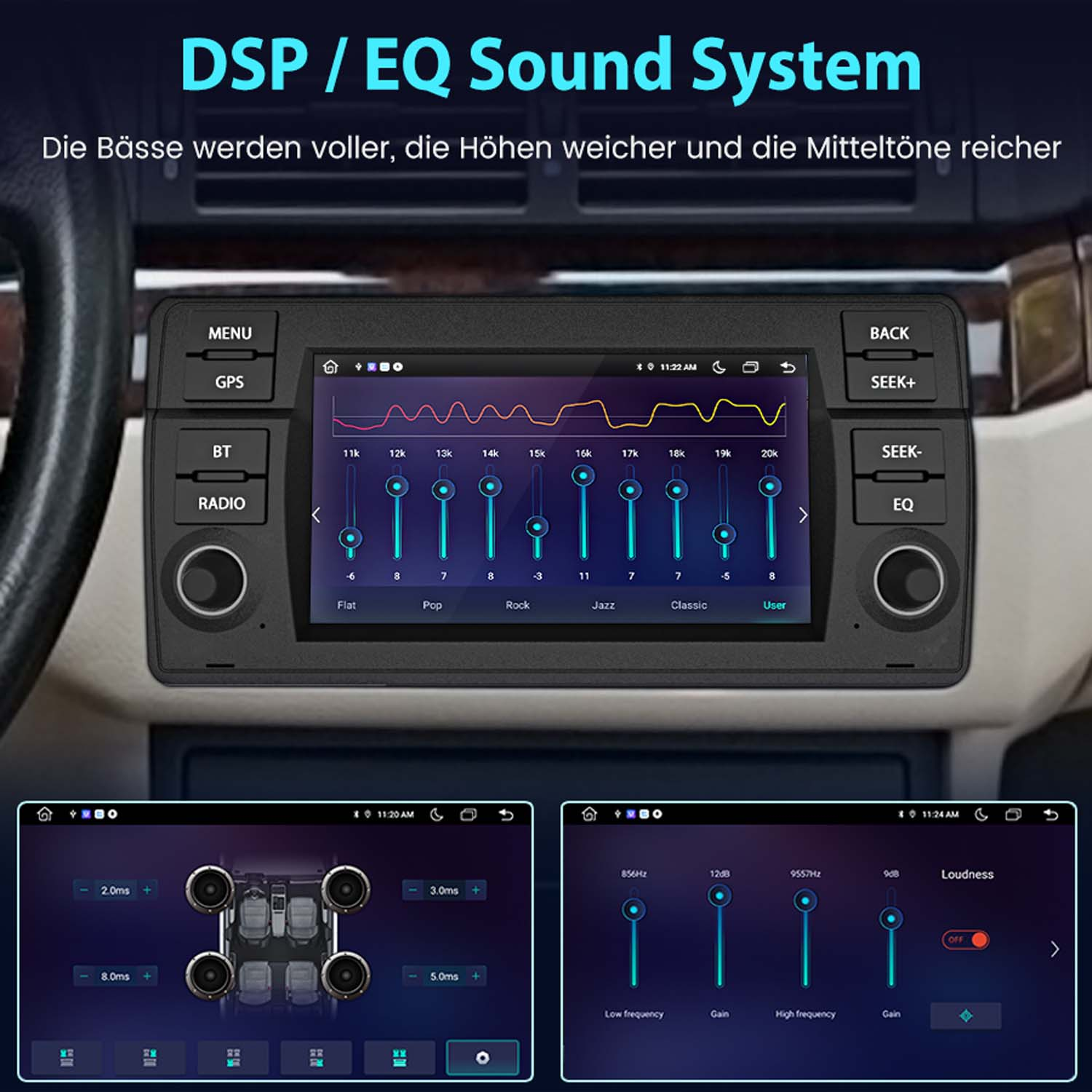 Auto-Multimedia-System mit angezeigten EQ-Soundeinstellungen.