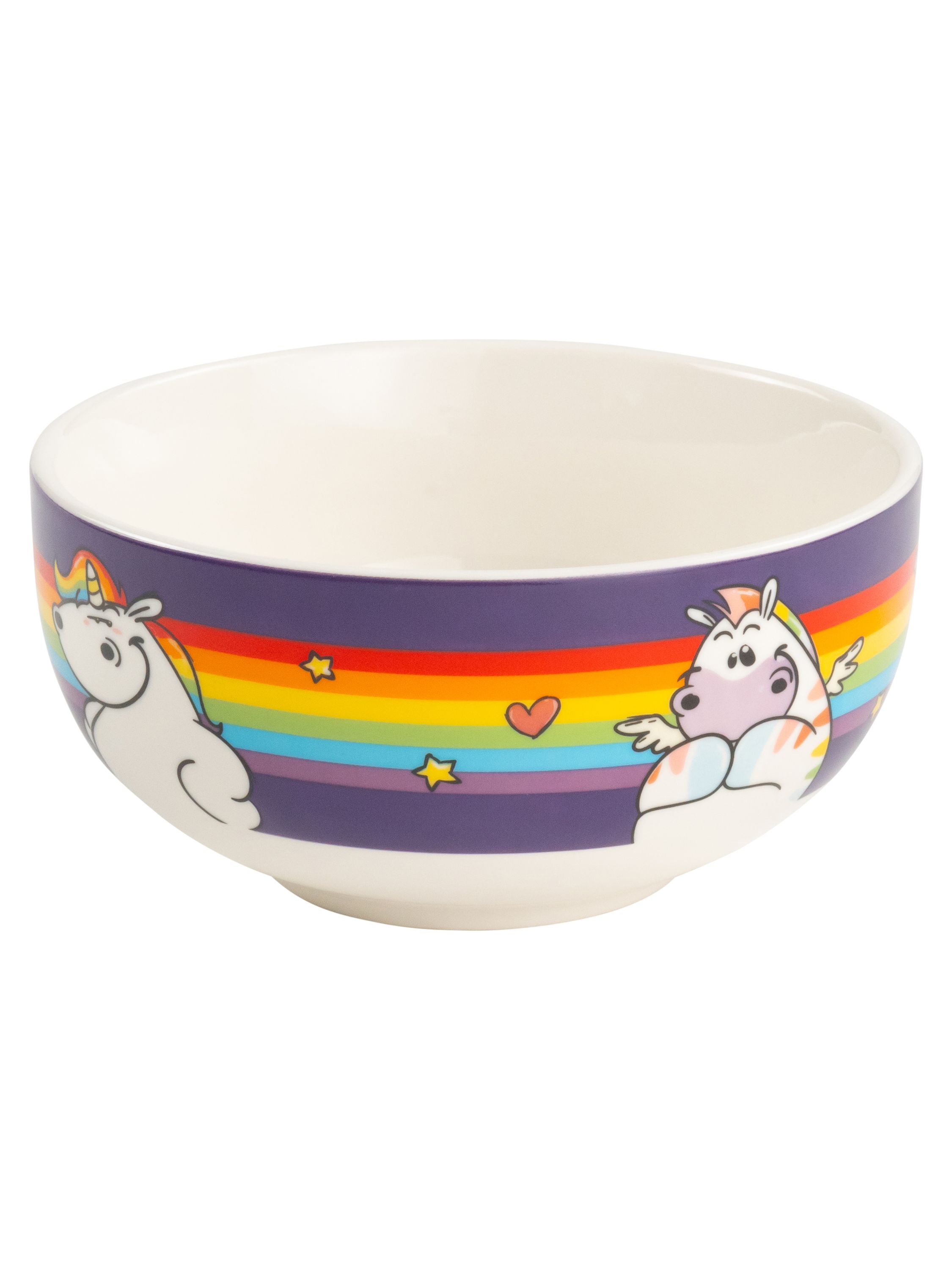 Weiße Schüssel mit Regenbogen- und Einhorn-Design. Die Schüssel steht auf weißem Untergrund.