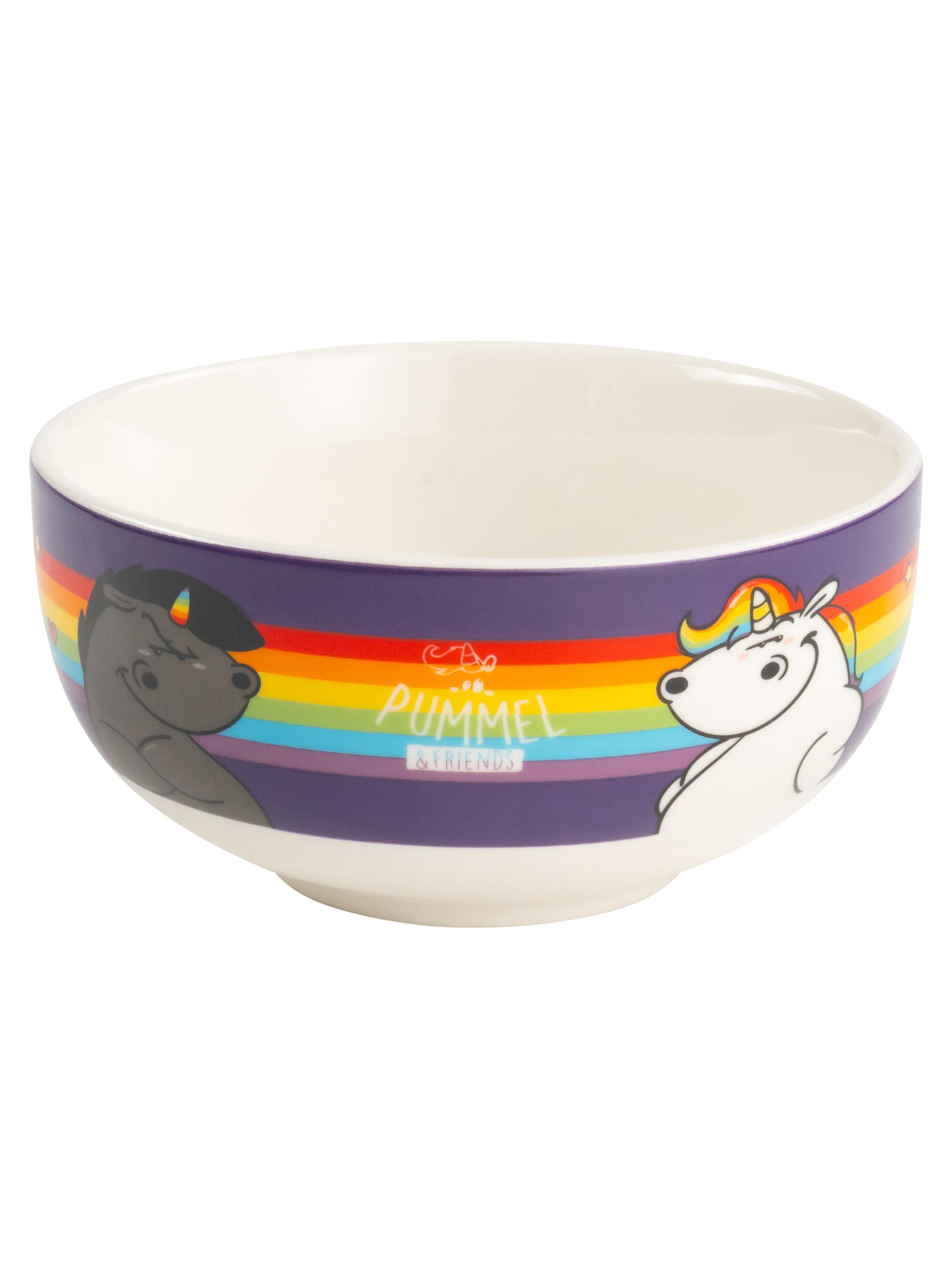 Eine Keramikschüssel mit Regenbogenstreifen, Einhörnern und den Worten 'Pummel & Friends'.