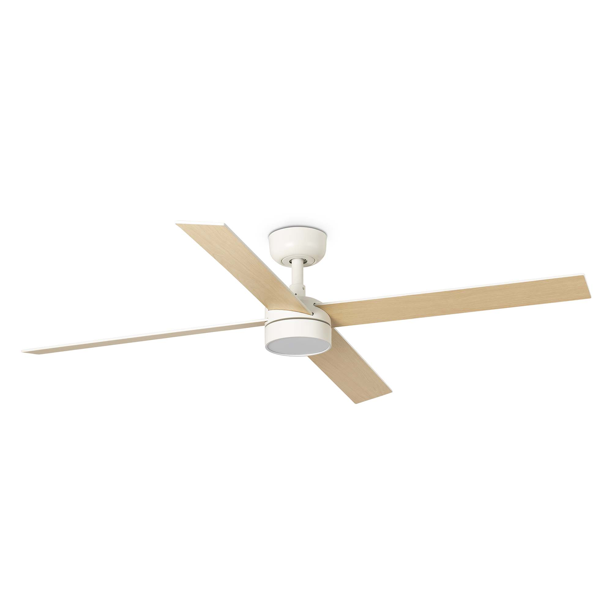 Ein weißer Deckenventilator mit Holzblättern. Es hat 4 Blätter.