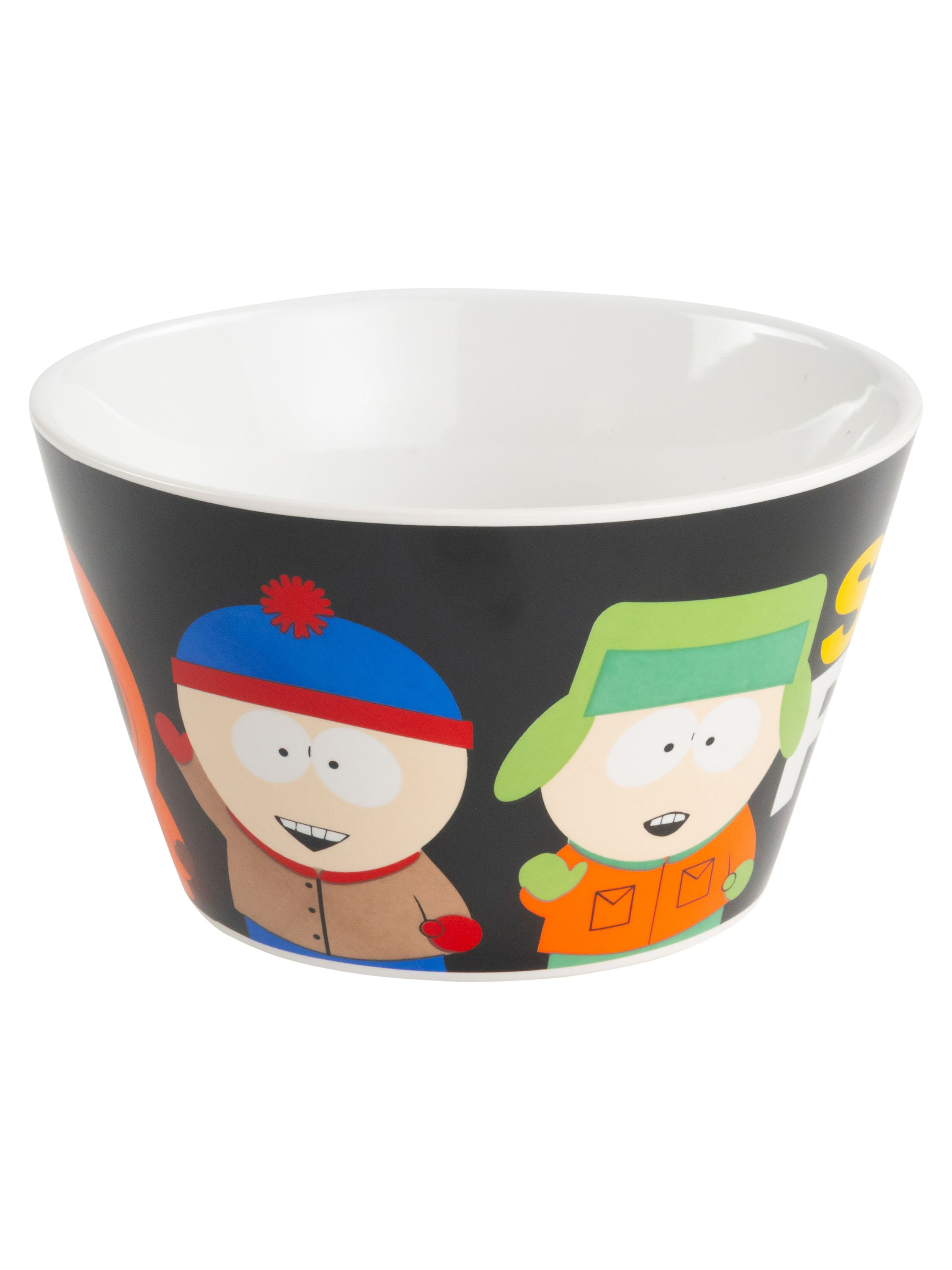 South Park Schüssel mit Cartman und Kyle. Die Schüssel ist schwarz mit weißem Innenraum. Sie lächeln.