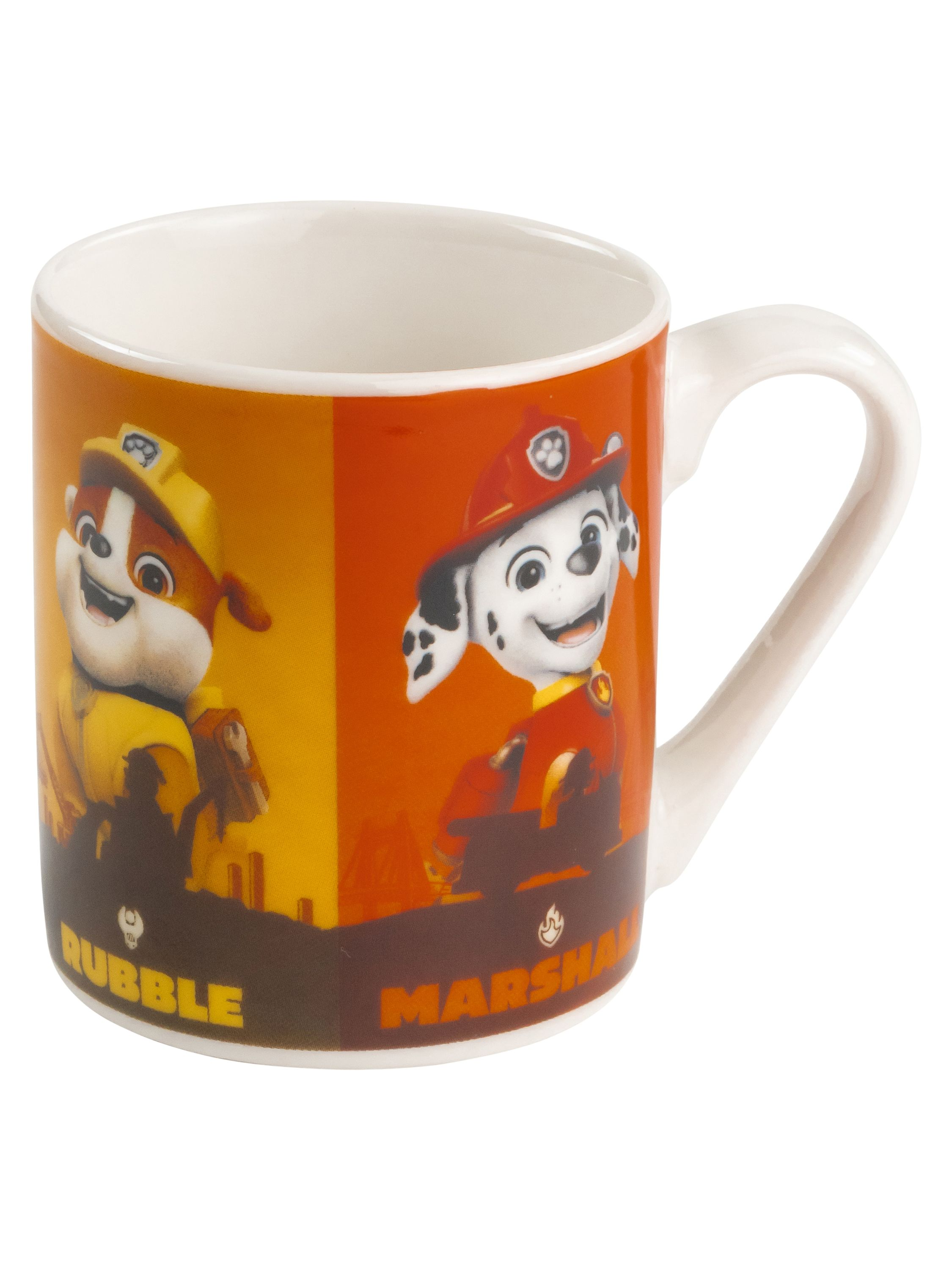 Eine Tasse mit Rubble und Marshall von Paw Patrol. Die Tasse ist weiß mit farbenfrohem Design.