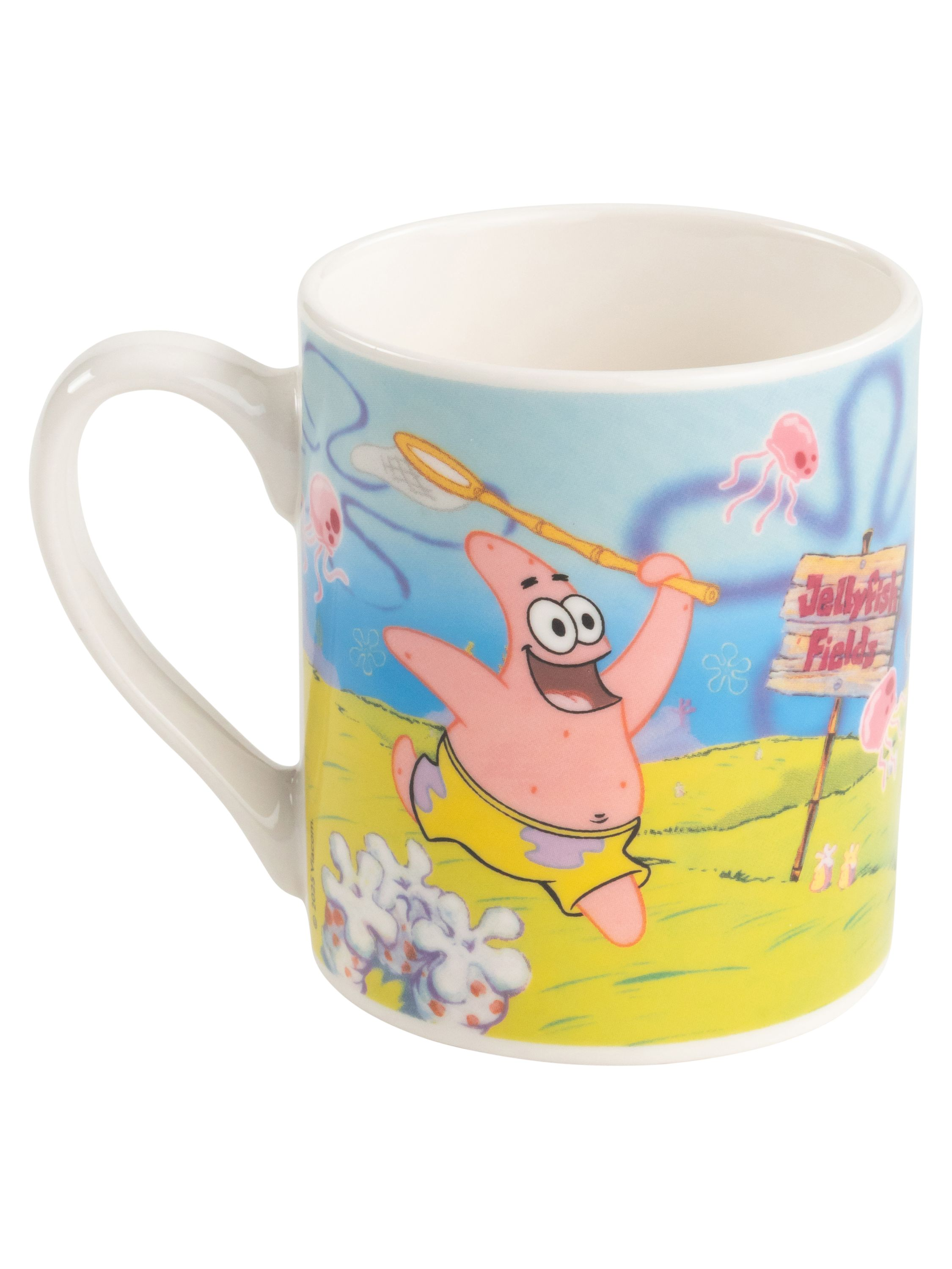 Tasse mit Patrick Star von SpongeBob Schwammkopf, hält ein Netz, Quallenfelder.