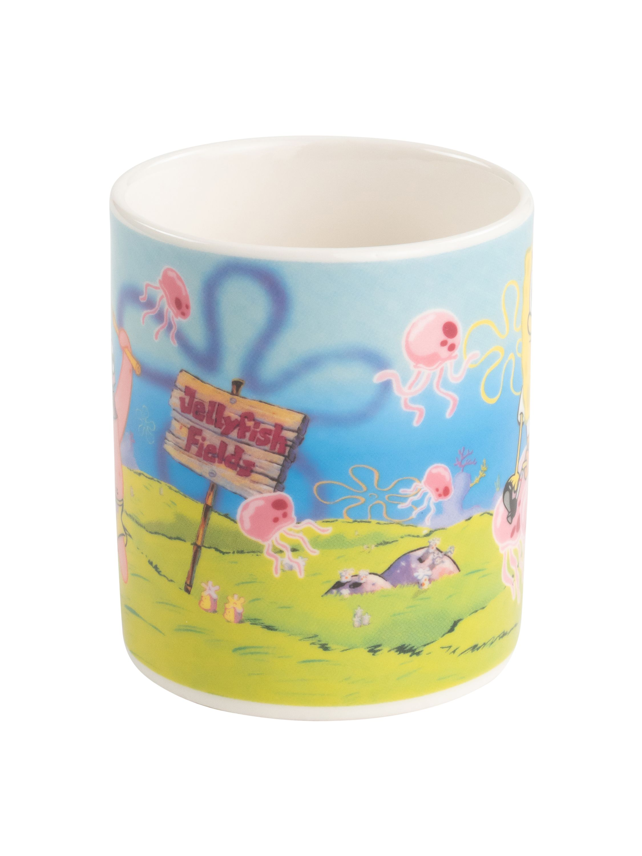 Spongebob Schwammkopf Tasse mit einer Zeichentrickszene. Die Tasse ist zylindrisch und farbenfroh.