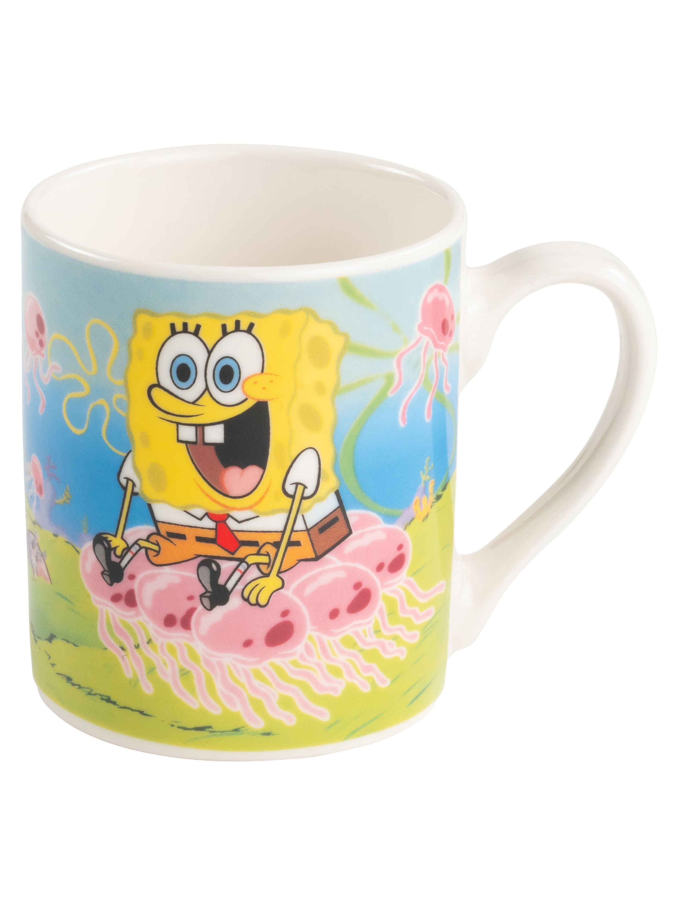 Tasse mit Spongebob Schwammkopf-Design, mit Quallen und hellblauem Hintergrund.