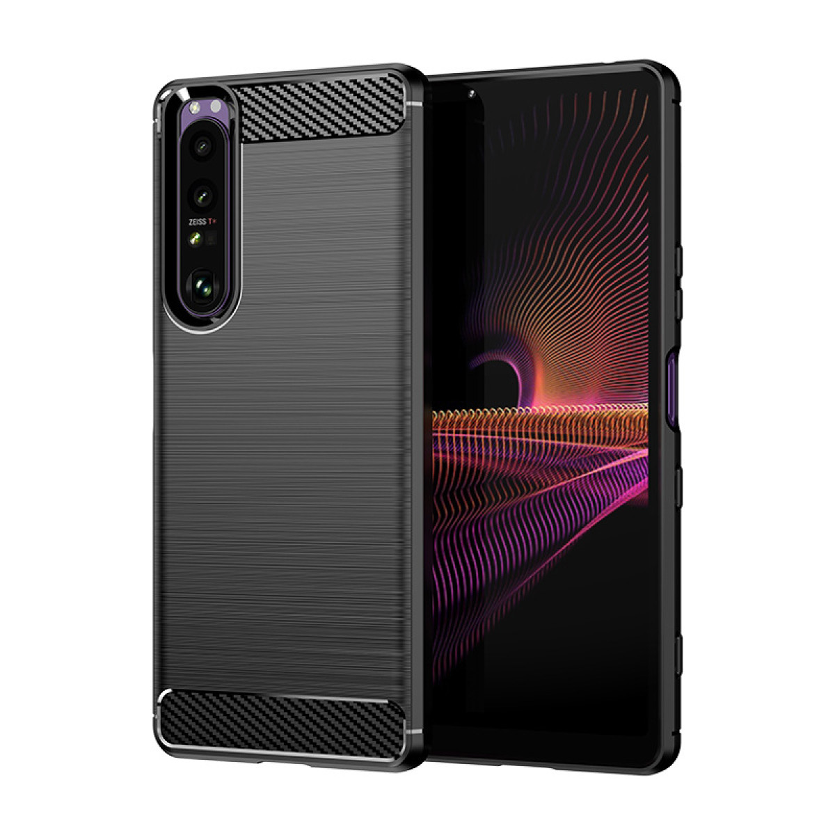 Schwarze Handyhülle mit Carbonfaser-Akzenten, bedeckt ein schwarzes Telefon.
