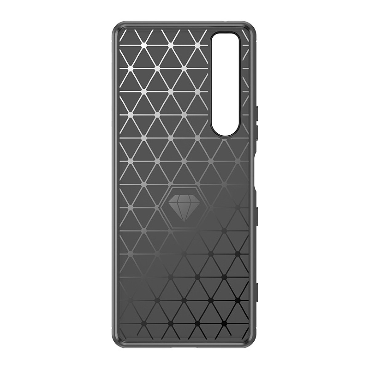 Schwarze Handyhülle mit geometrischem Muster. Das Muster besteht aus kleinen Dreiecken.