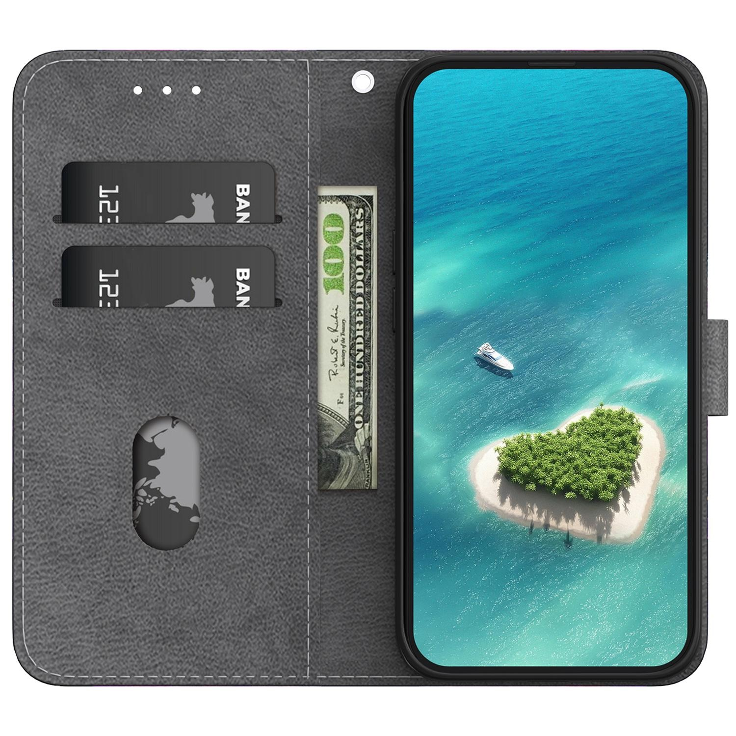 Graue Brieftaschentasche mit Karten, Geld und einem Telefon, das eine Insel zeigt.