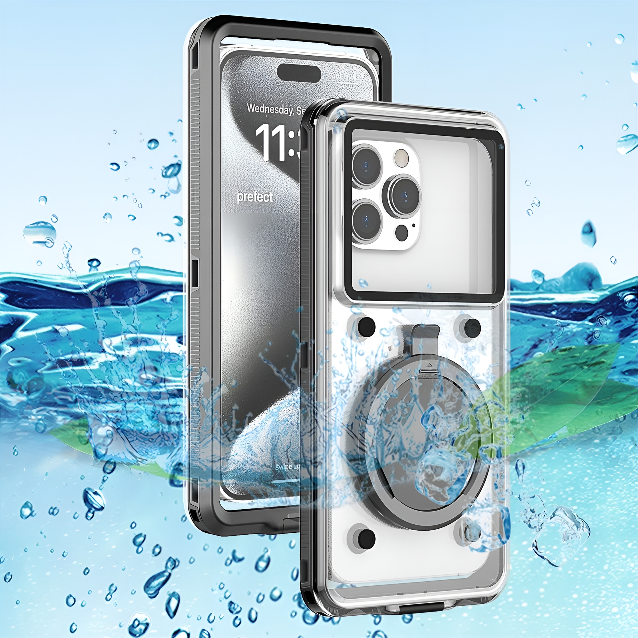 Zwei Handyhüllen, eine in einer Hülle, mit Wasser darum herum.