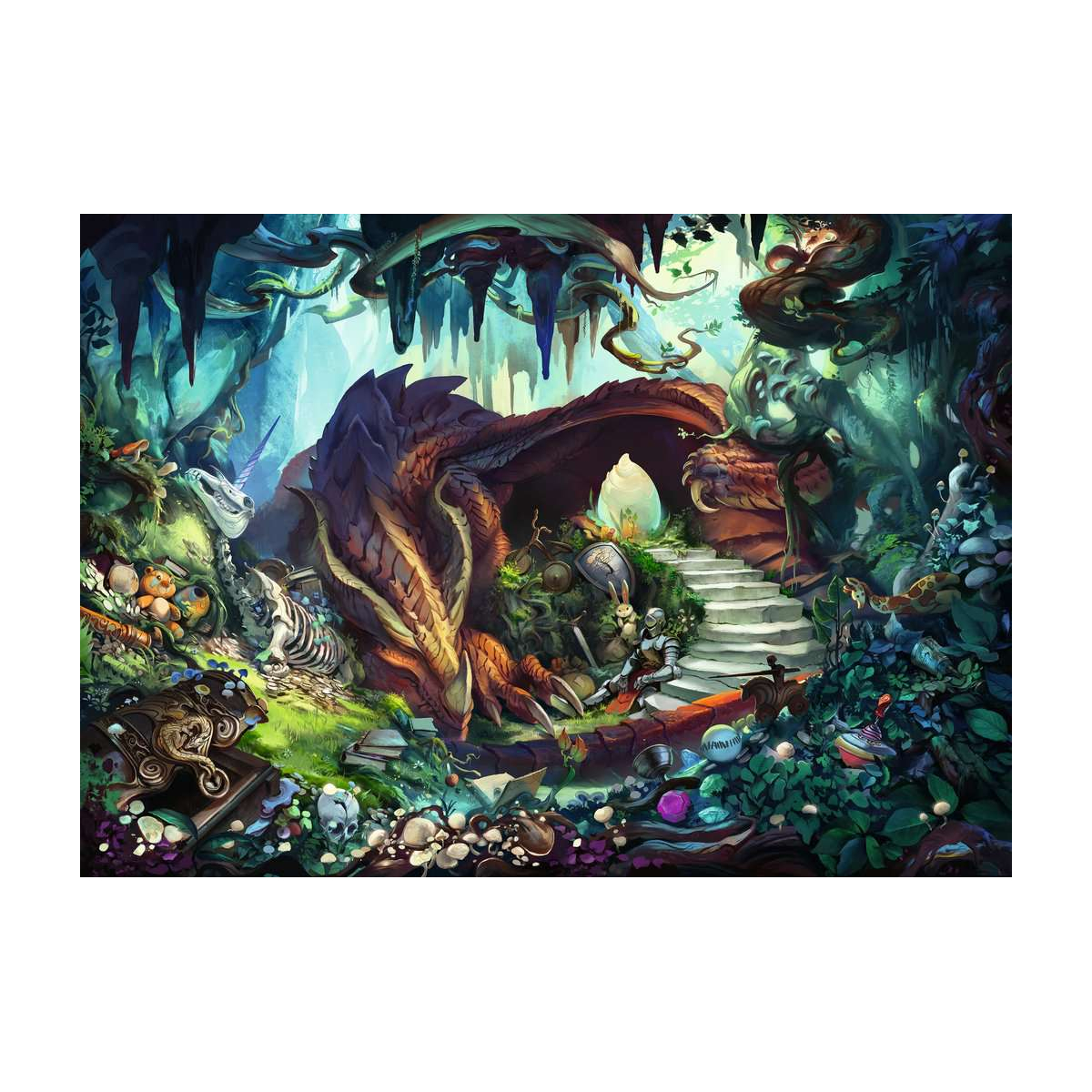 Scena fantasy: drago in grotta con cavaliere e tesori.