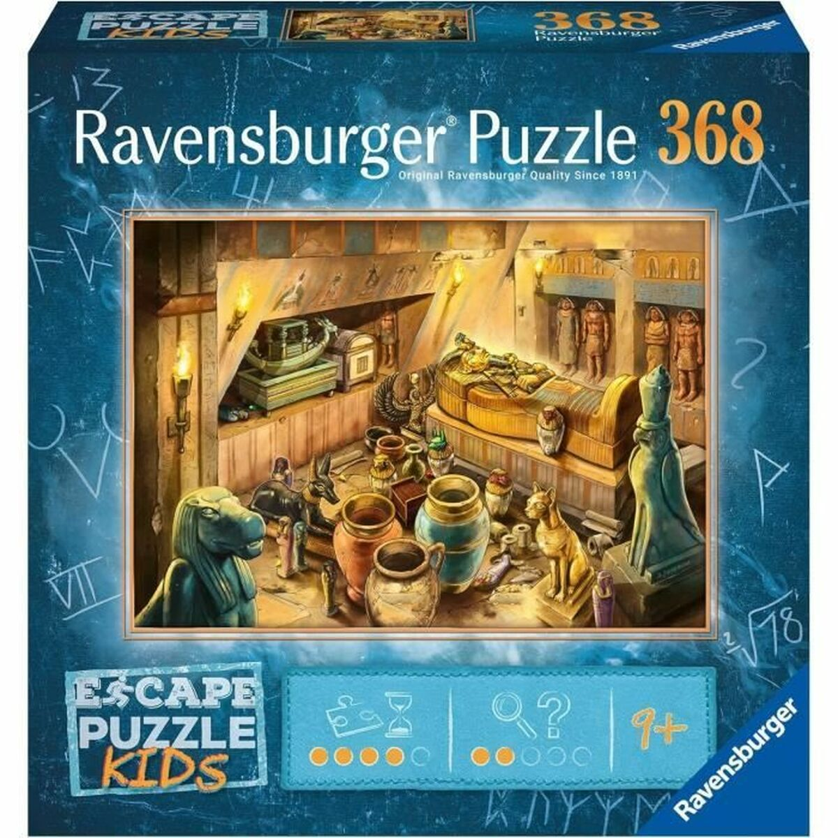 Pudełko z puzzlami Ravensburger. Obraz przedstawia starożytny grobowiec z artefaktami i hieroglifami.