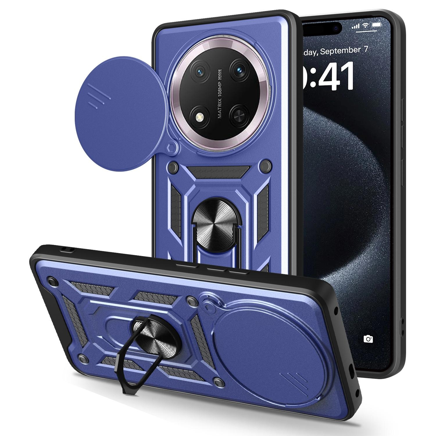 Blaue Handyhülle mit Kameraabdeckung und Ringhalter, mit einem Telefon an der Seite. Weißer Hintergrund.