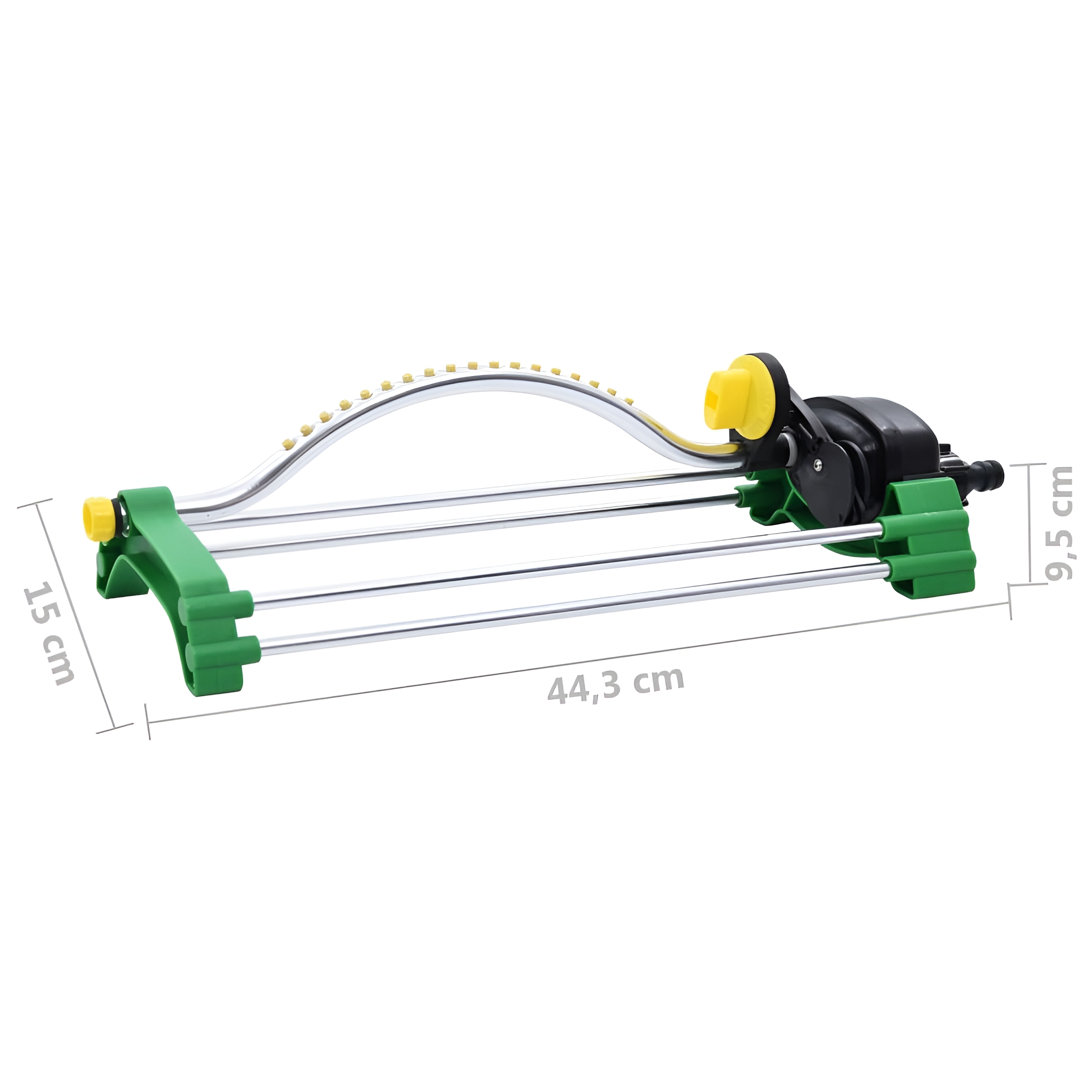 Grüner und silberner Sprinkler mit beschrifteten Abmessungen, 44,3 cm lang.