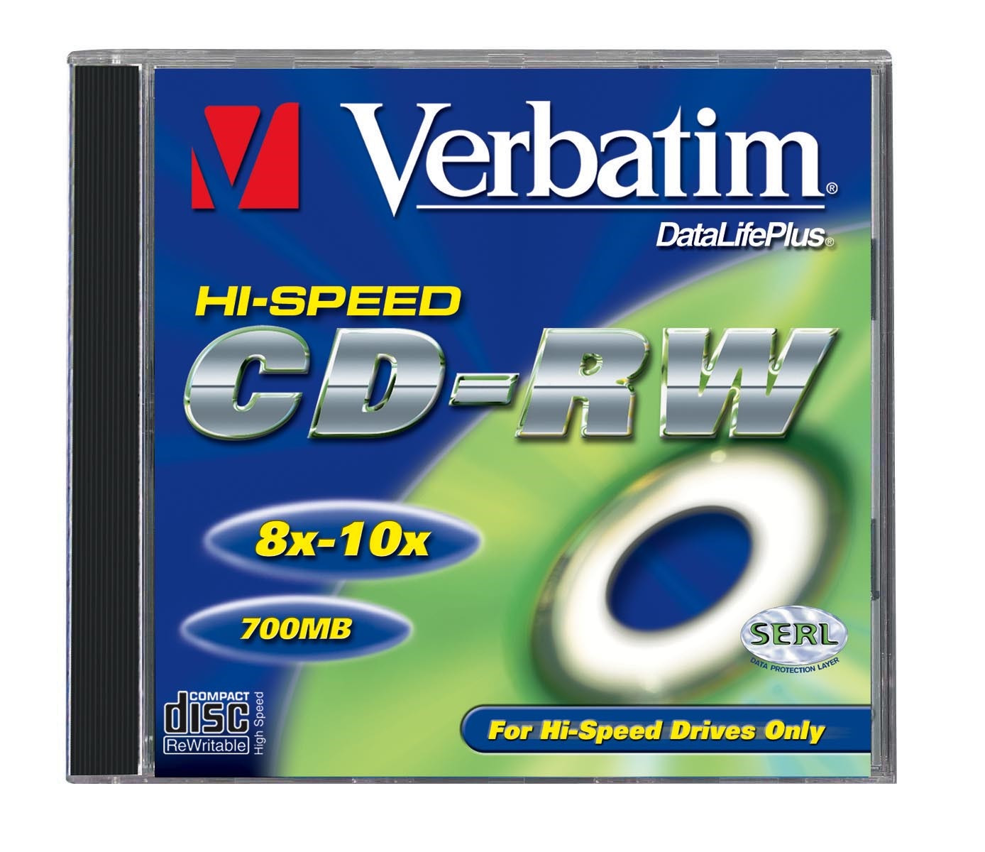 CD-RW-Disc in Plastikbox mit Text und Logos. Grüner und blauer Hintergrund.