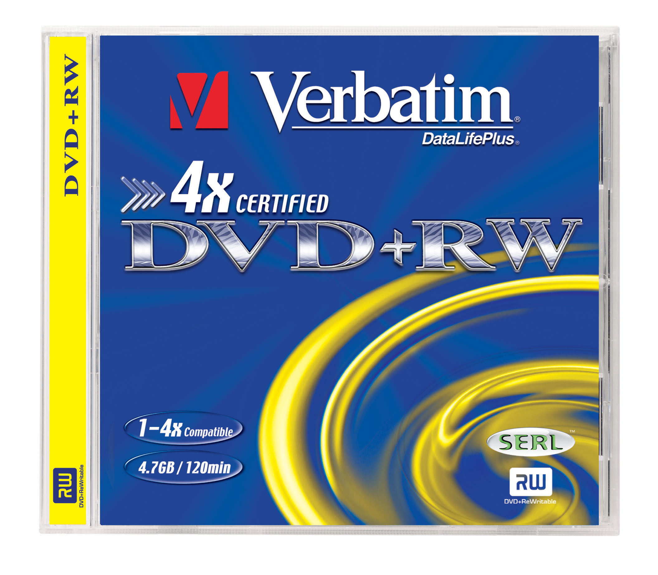 DVD+RW-Disc in einem Case mit Text Verbatim. Text: '4x zertifiziert' und 'DVD+RW'.
