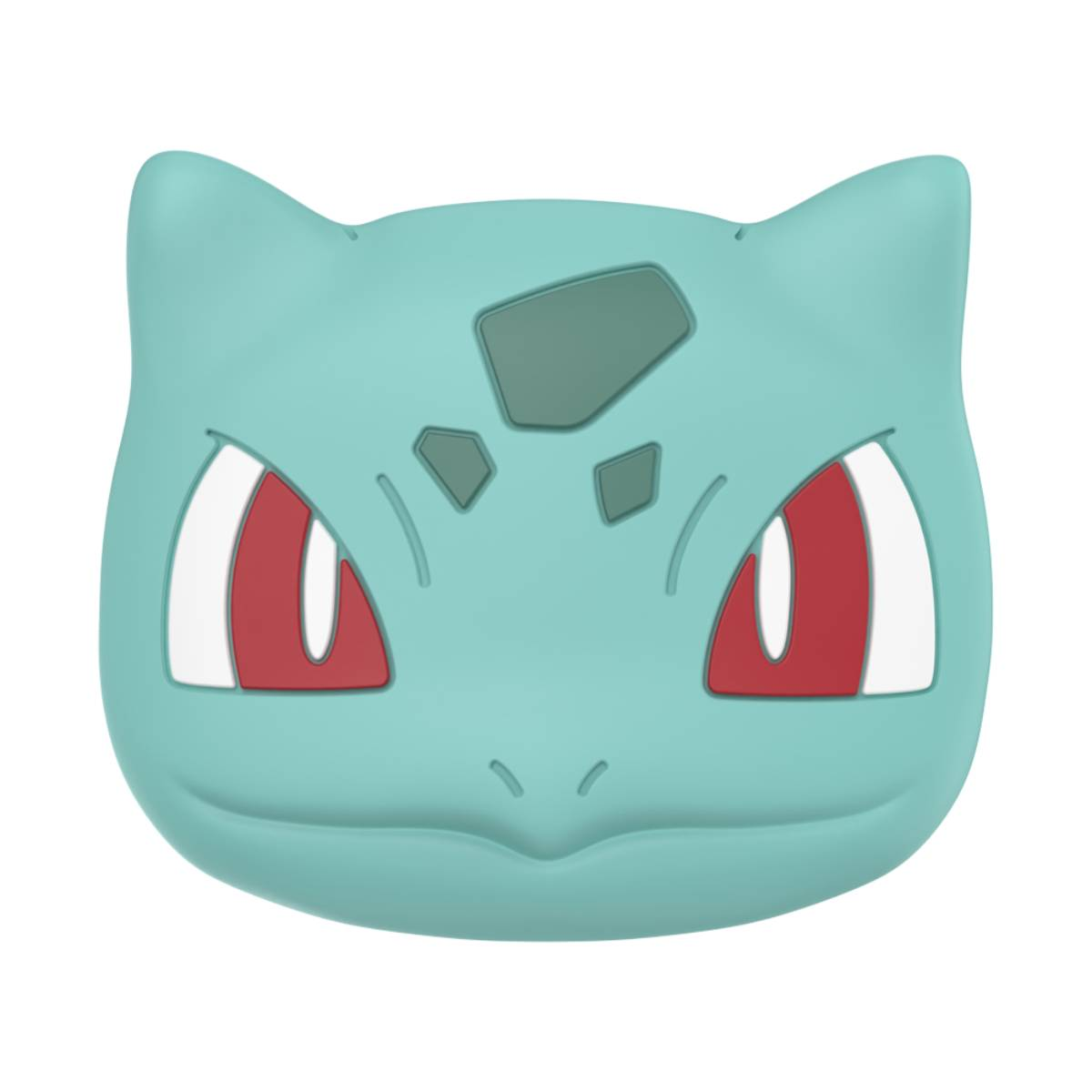 Una custodia per telefono a forma di Bulbasaur azzurro. Ha gli occhi rossi.