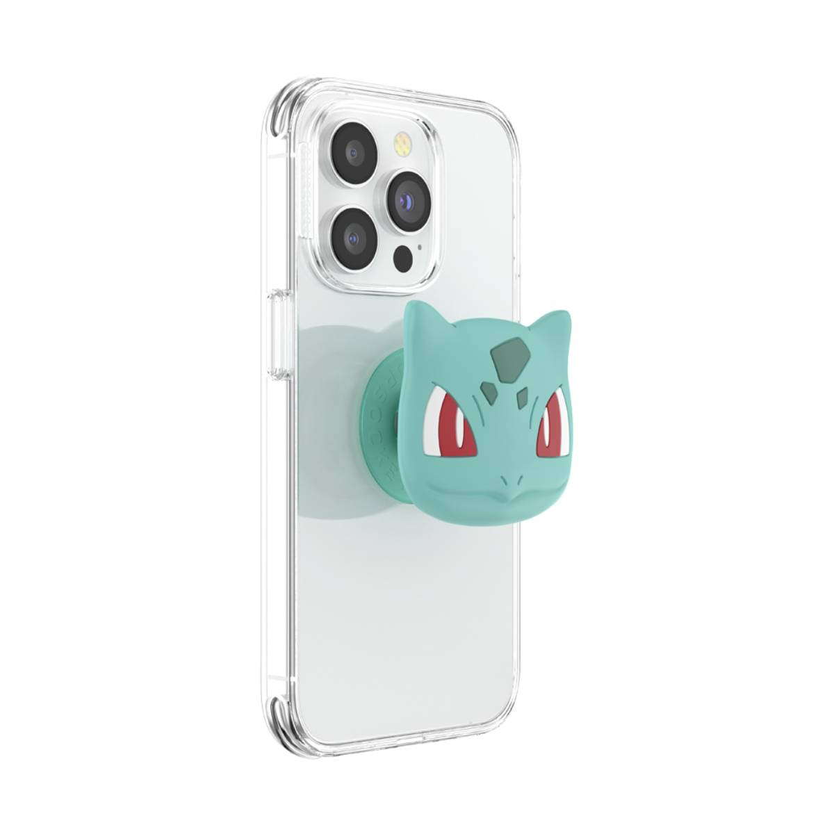 Un telefono con un PopSocket Bulbasaur attaccato, su sfondo bianco.