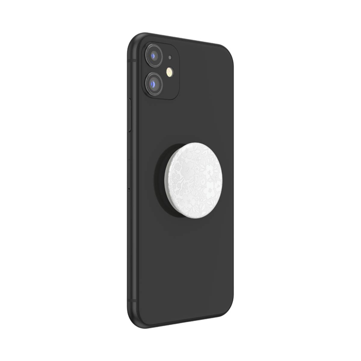 iPhone nero con un PopSocket bianco con un design floreale, sfondo bianco.