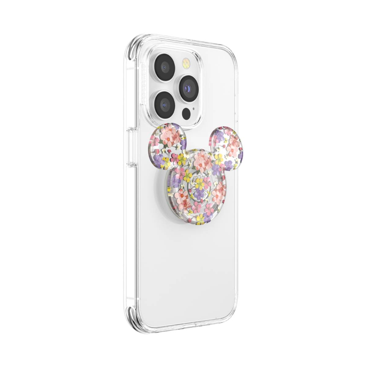 Custodia trasparente per telefono con pop socket di Minnie Mouse floreale.