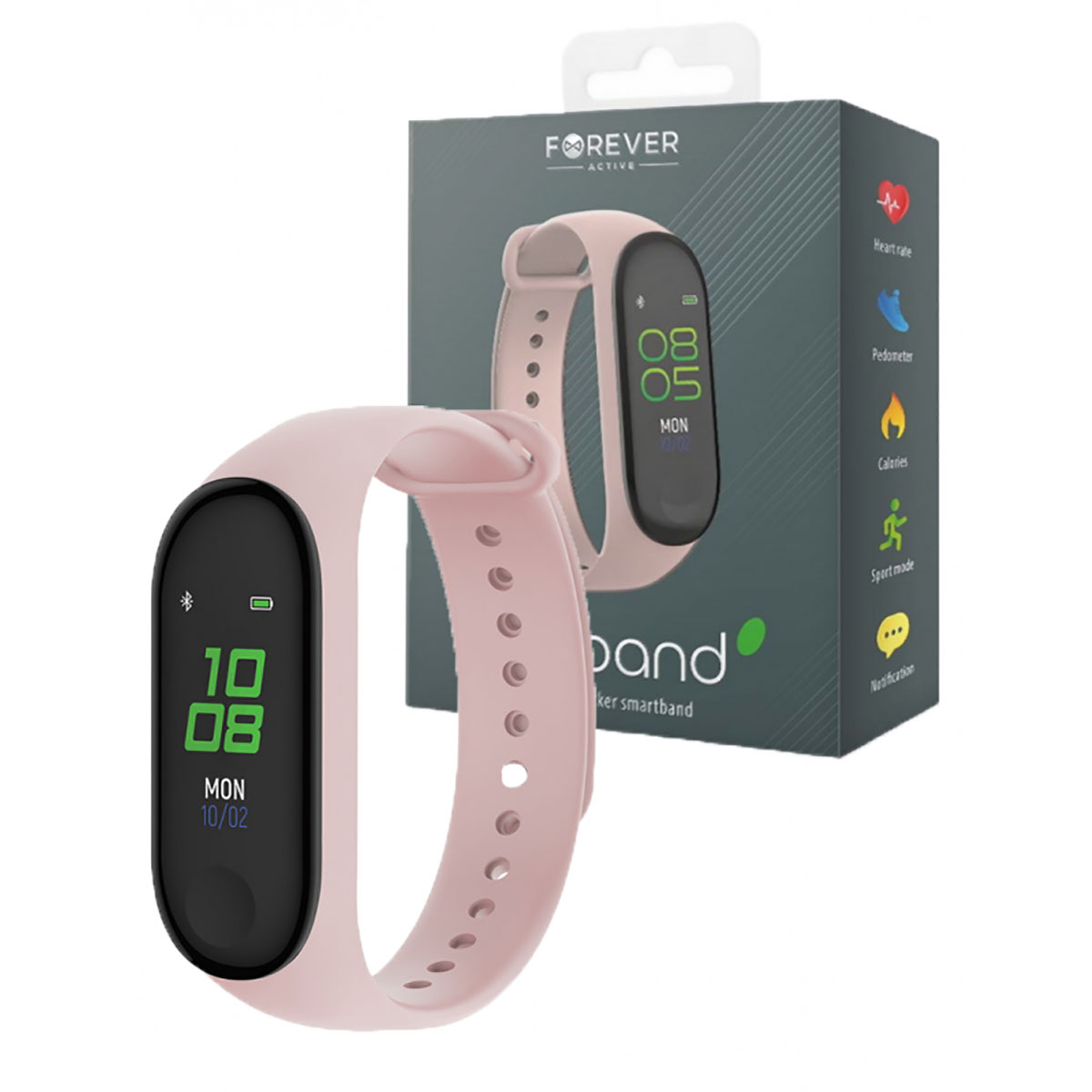 Różowa opaska smartband z czarnym ekranem. Opaska znajduje się obok pudełka.