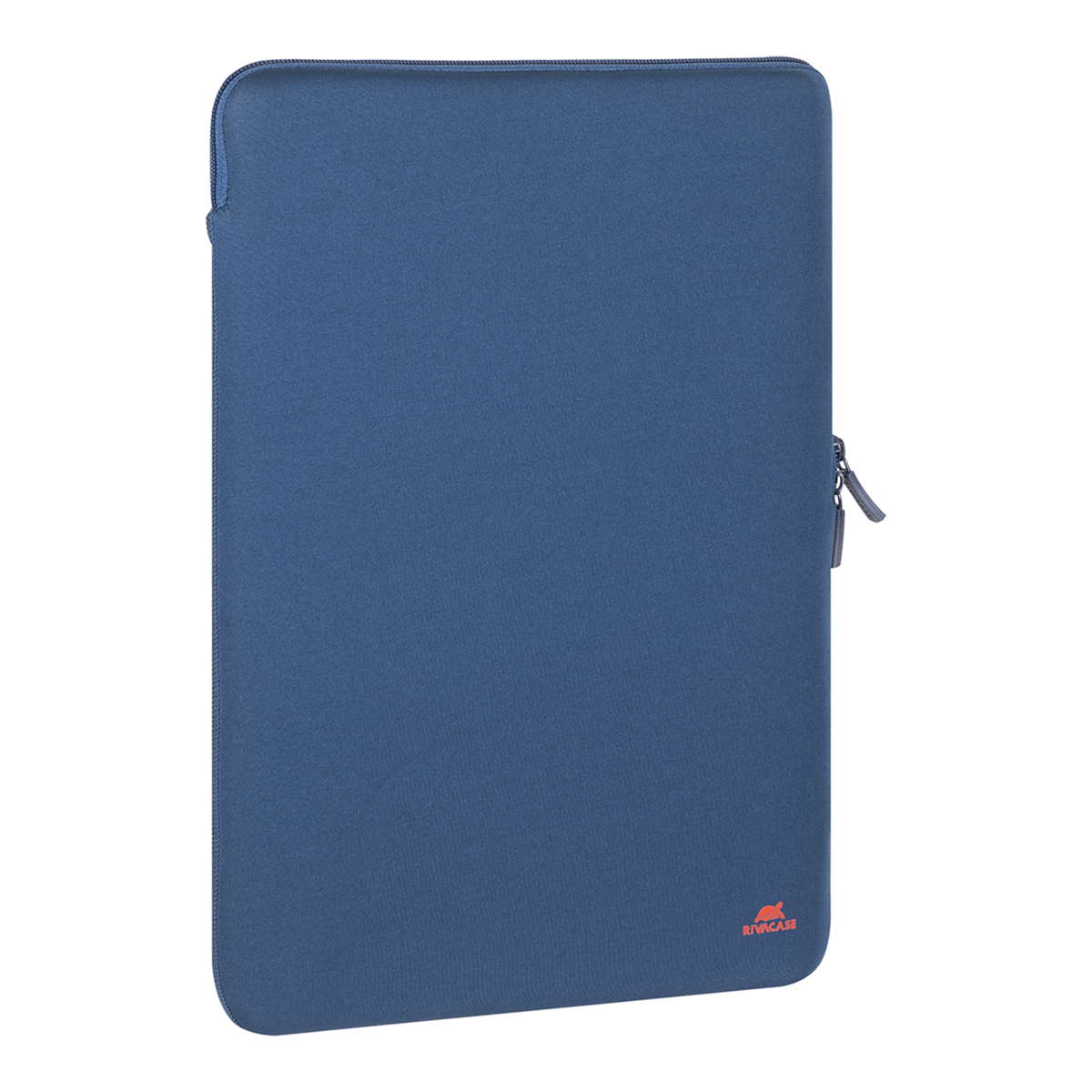 Dunkelblaue Laptoptasche mit Reißverschluss und rotem Logo, auf weißem Hintergrund.