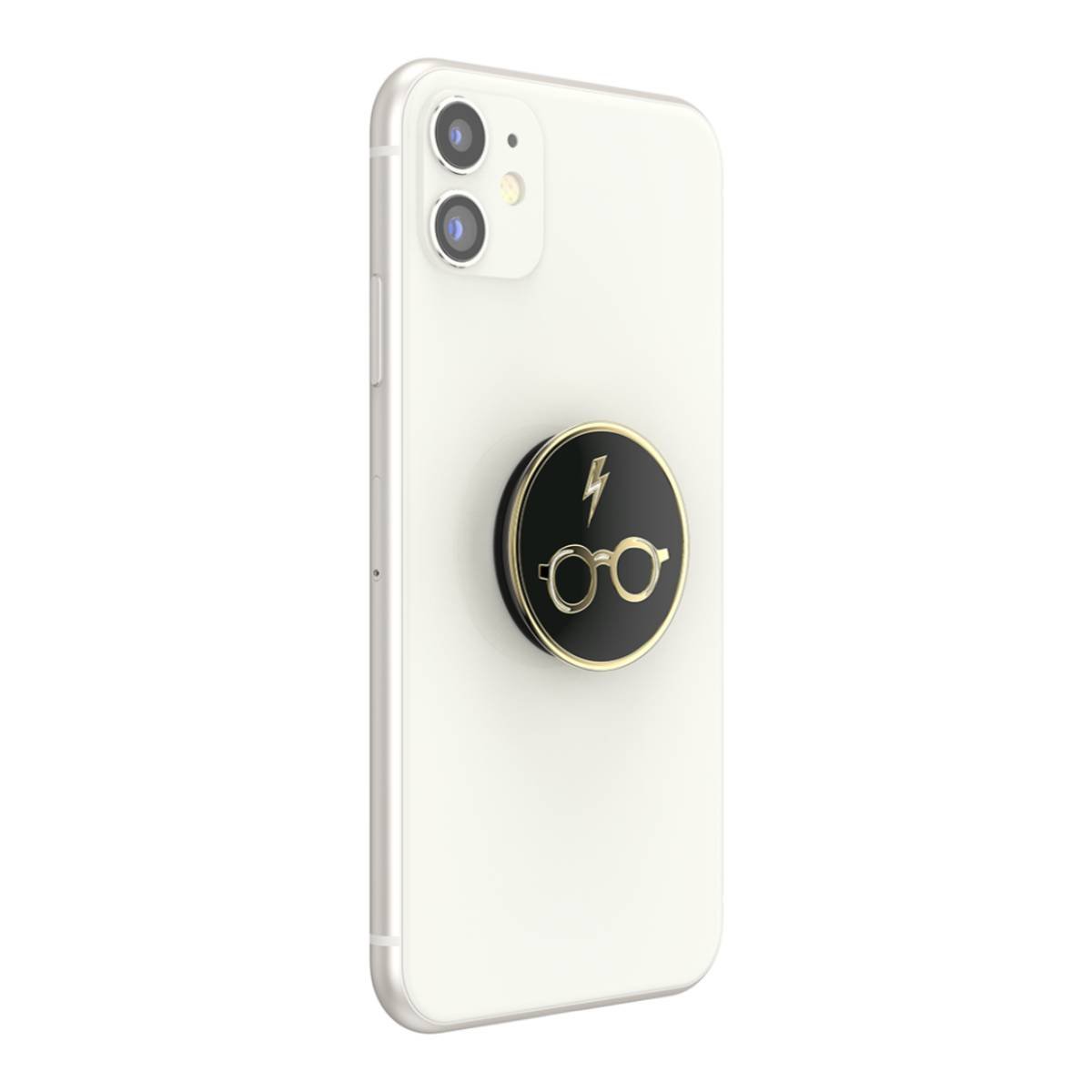 Un telefono bianco con un popsocket a tema Harry Potter sul retro.