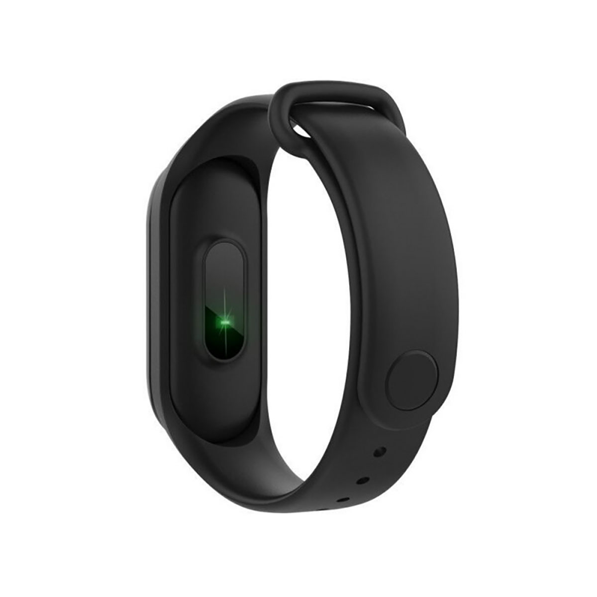 Czarny tracker fitness. Wyświetla zielone światło. Prosty czarny design, owinięty.