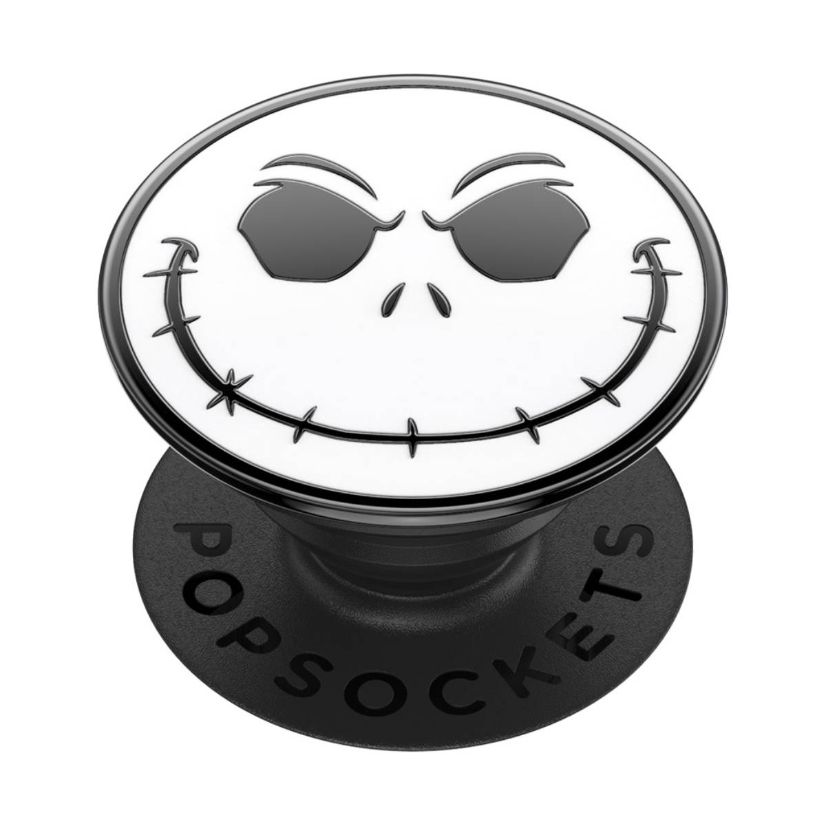 Un agarre PopSockets de Jack Skellington en blanco y negro, sobre un fondo blanco.