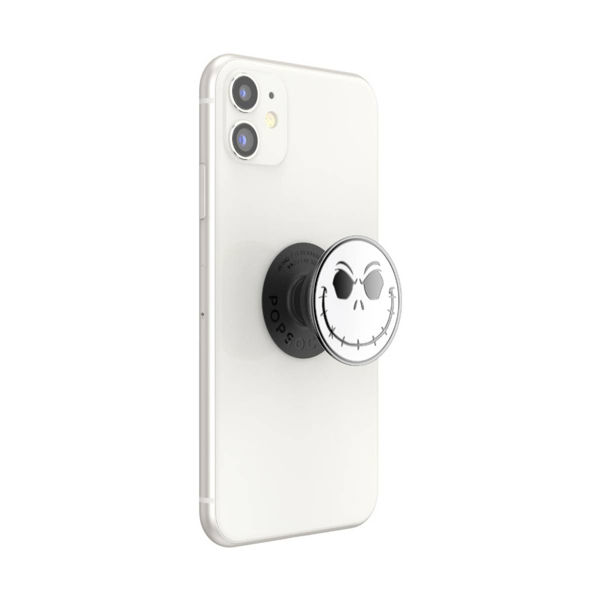 iPhone blanco con un PopSocket de Jack Skellington. El PopSocket es negro con una cara blanca.