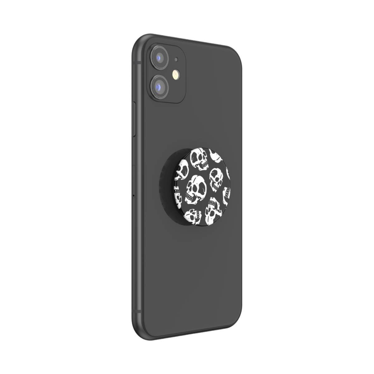 Telefono nero con un PopSocket a forma di teschio attaccato sul retro.