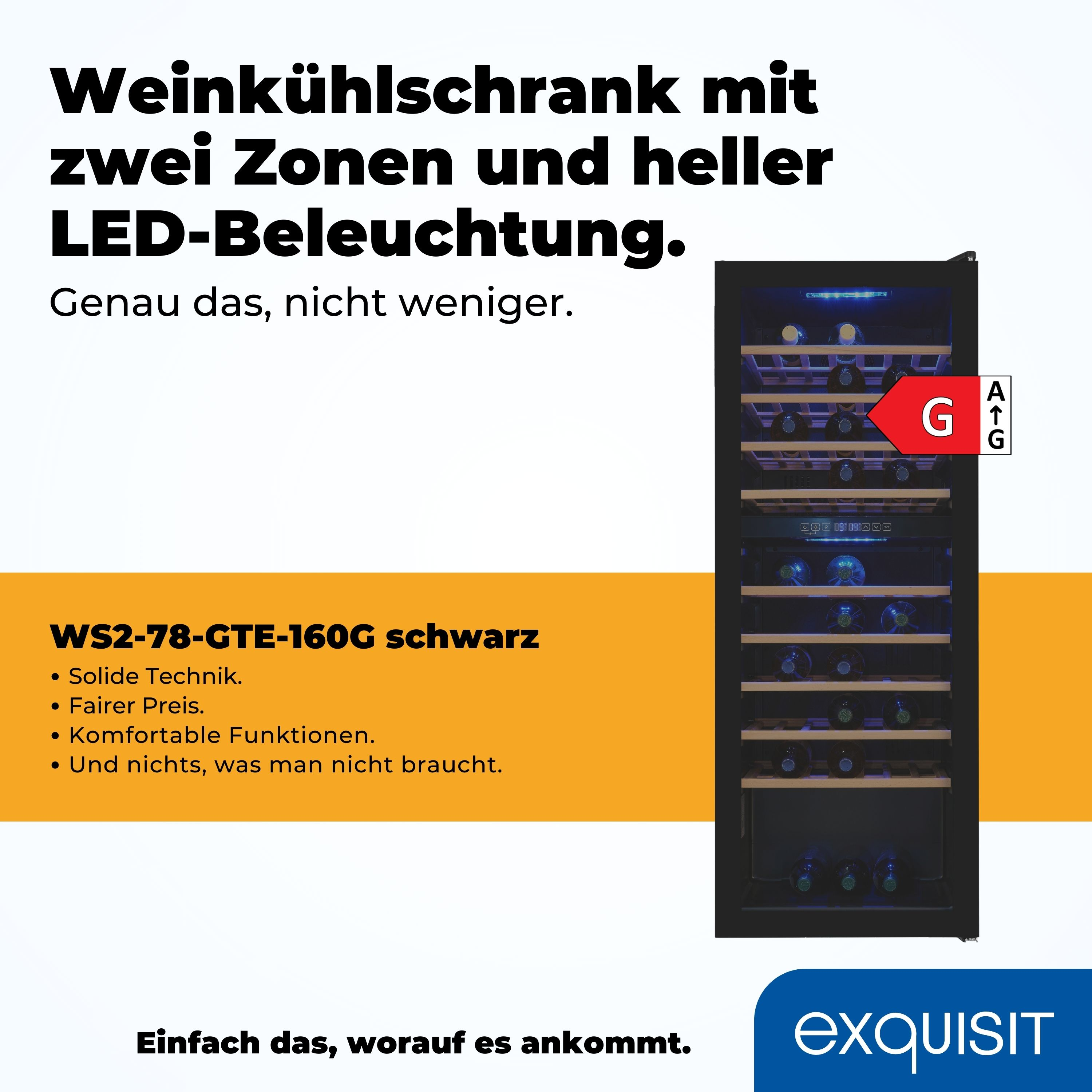 Ein Weinkühlschrank mit zwei Zonen und LED-Beleuchtung; Text mit Spezifikationen und dem Markenlogo.