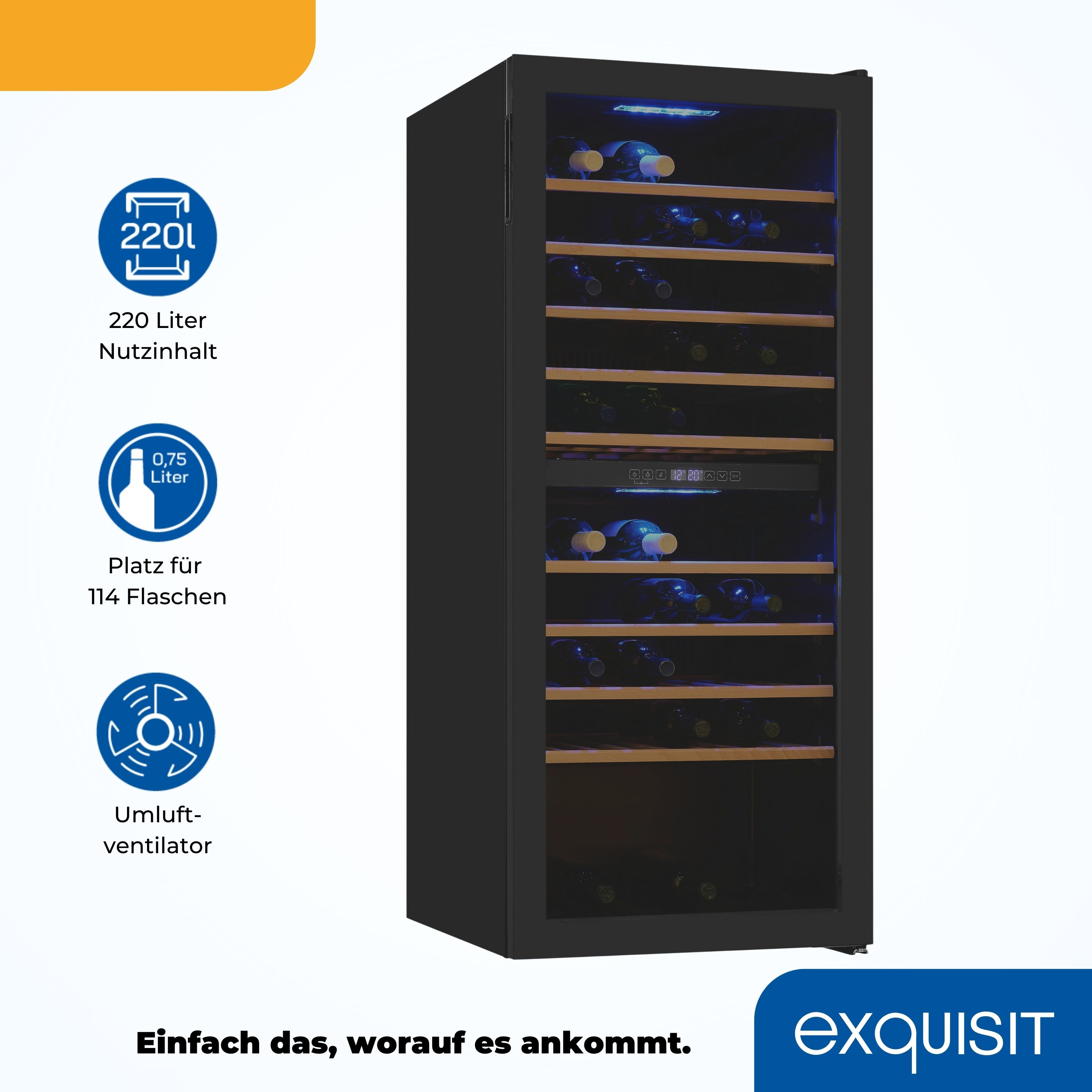 Schwarzer Weinkühler mit Glastür und Holzregalen, Flaschen darin. Text und Logos links.