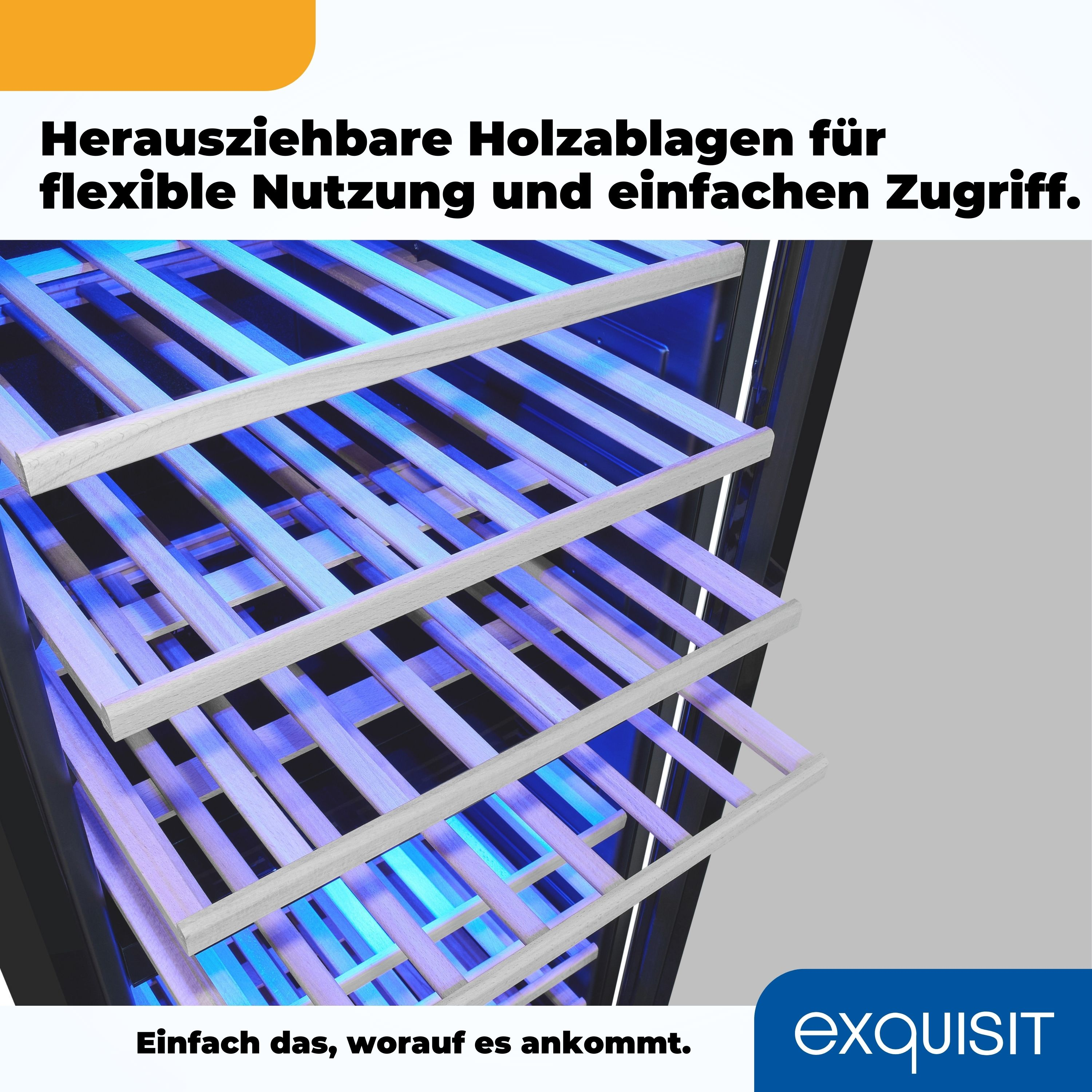 Weinkühlschrank-Innenraum mit Holzregalen, beleuchtet von blauen Lichtern.