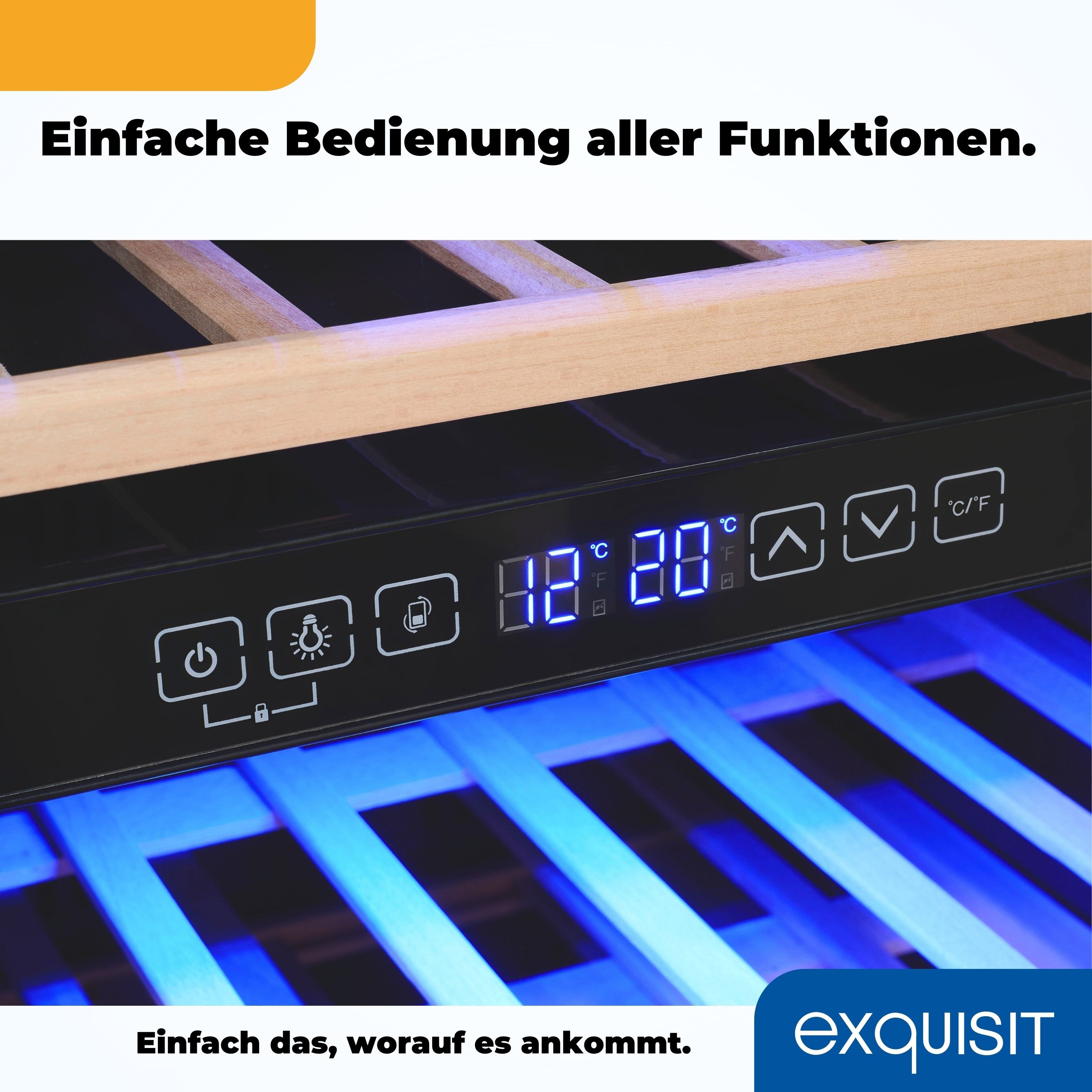 Weinkühler-Display mit digitaler Steuerung und blauen Innenleuchten. Schwarze Oberfläche.