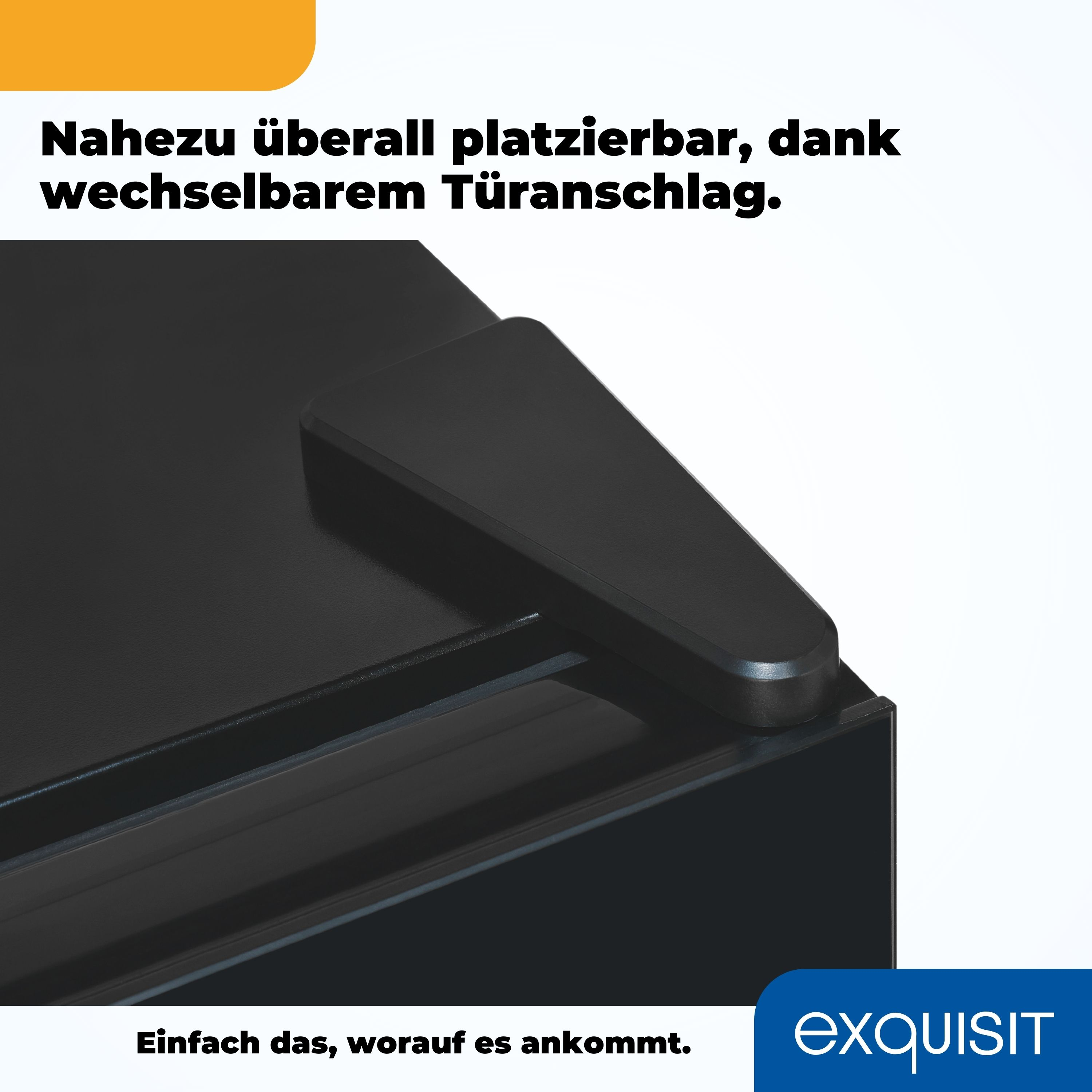 Ein schwarzer Türgriff wird gezeigt, und der Text besagt, dass der Türgriff überall platziert werden kann.