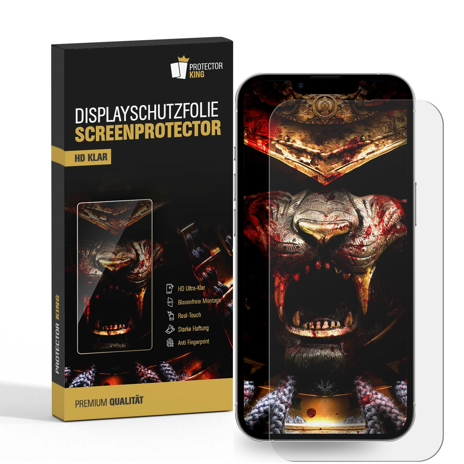 Schutzfolienbox und ein Telefon mit Monstergrafik.