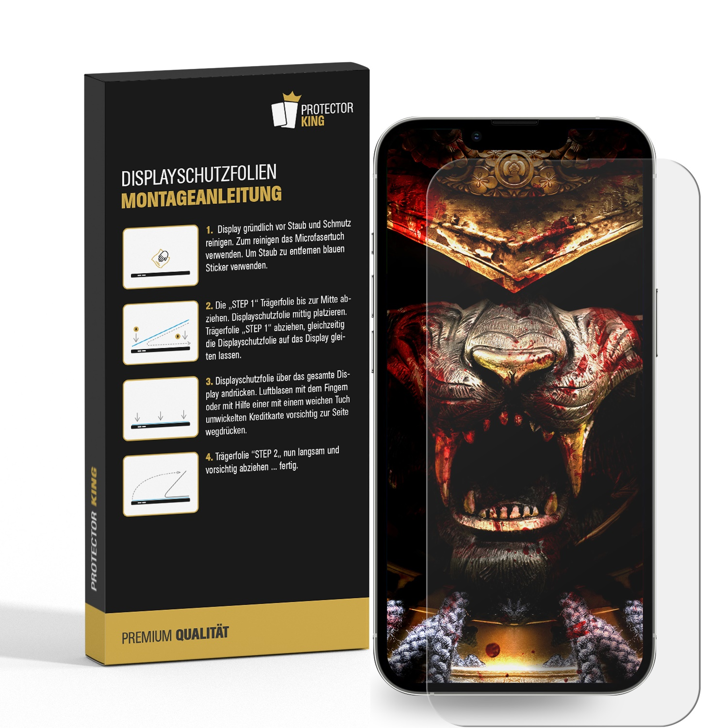 Ein Telefon mit Displayschutzfolie und eine Box mit Anweisungen stehen auf weißem Untergrund, Produktmerkmale zeigend.