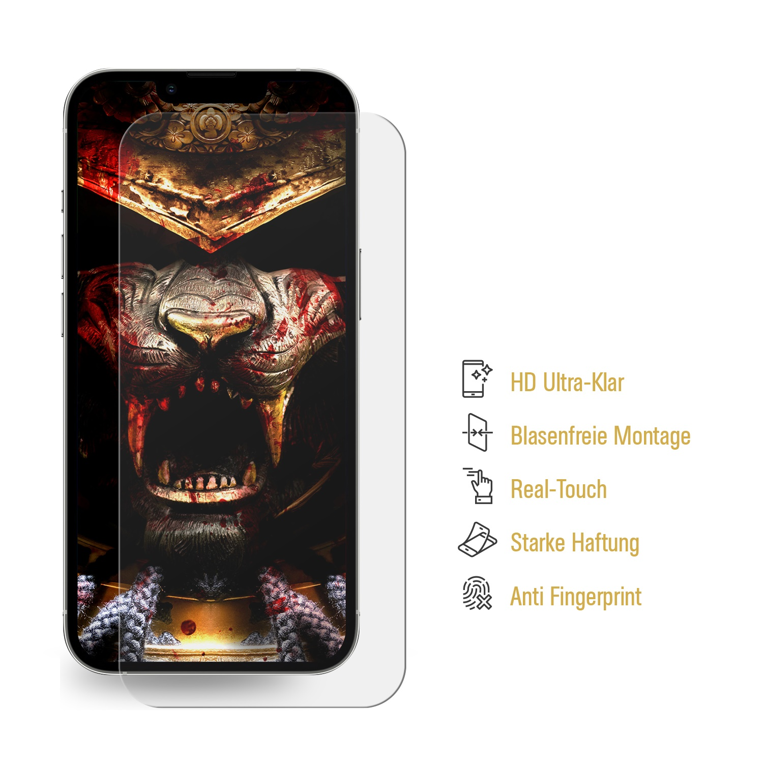 Telefon mit Displayschutz, zeigt HD, Anti-Fingerprint und gebogenes Display.