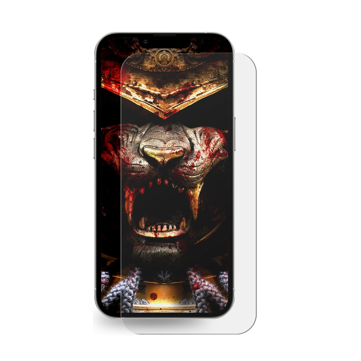 Ein Telefon mit Samurai-Löwen-Kunst, mit einer klaren Displayschutzfolie darauf.